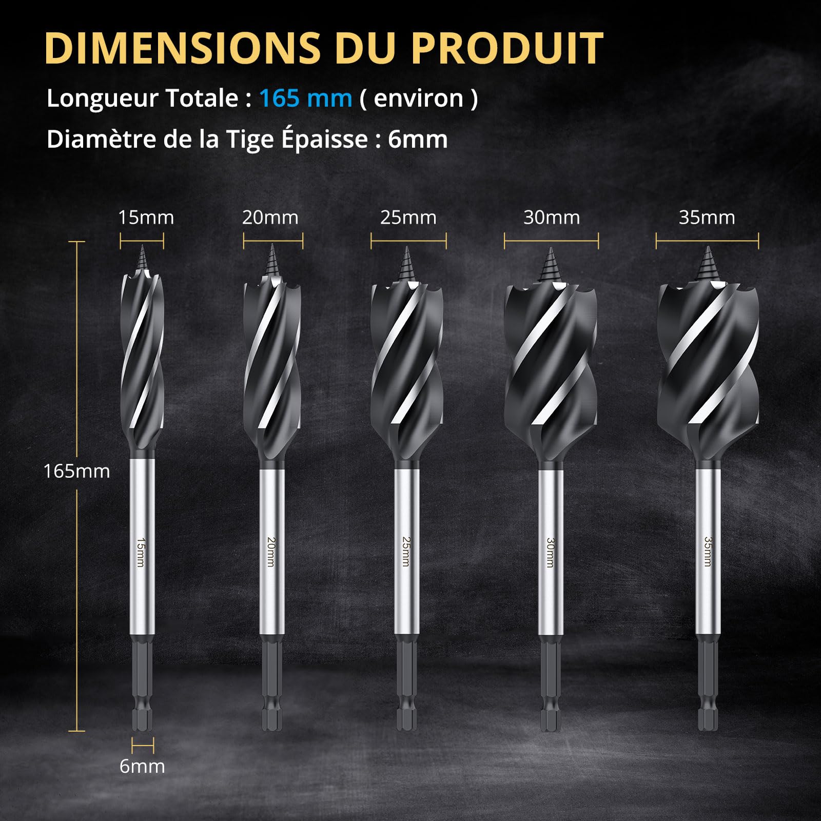 AMTOVL Foret à Bois Hélicoïdal 5PCS Forets à Chanfreiner Matériau 45 Acier Carbone Mèche à Bois 15mm/20mm/25mm/30mm/35mm pour Perçage de Torsion pour le Bois