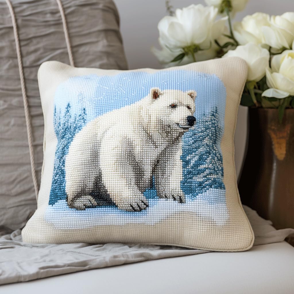 ASONGLINGO Latch Hook Pillow Case Kits,17X17Inch DIY Latch Hook Cushion Cover Kit,Knitting Kits Cushion for Adults and Beginners(Animal Polar Bear)