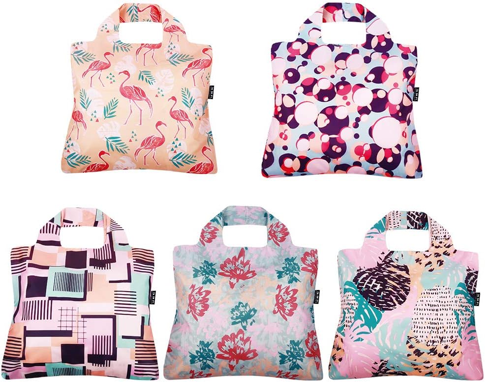 Envirosax Reusable Grocery Bags, Set of 5 Palm Springs Designs,Large Foldable Polyester Shopping Tote Bag Washable