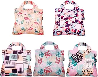 Envirosax Reusable Grocery Bags, Set of 5 Palm Springs Designs,Large Foldable Polyester Shopping Tote Bag Washable