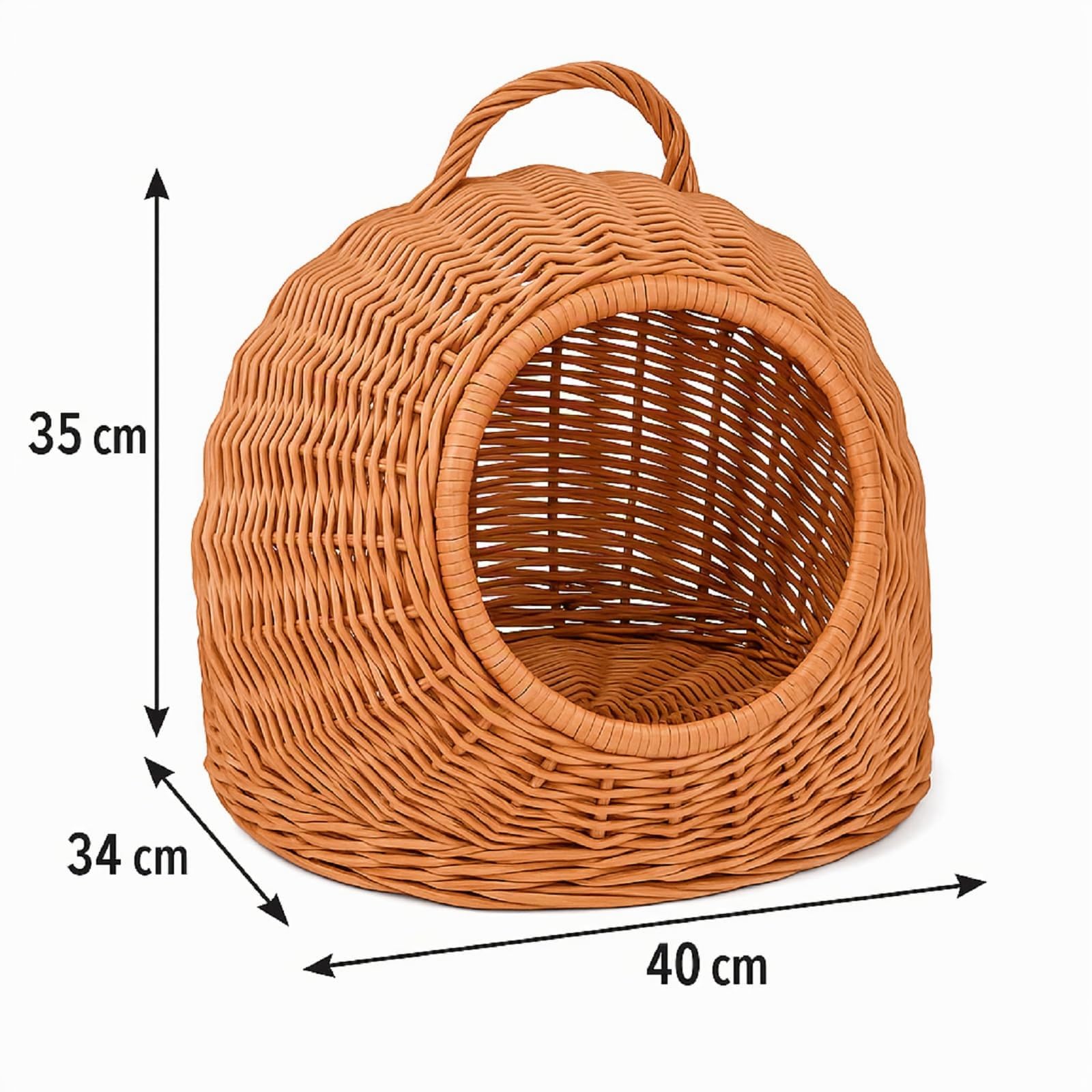 QLS Cesta vimini per cane/gatto 40 x 34 x 35 cm con manico | Rifugio naturale per gatti e cani piccoli, intrecciato a mano in vimini con pratica maniglia