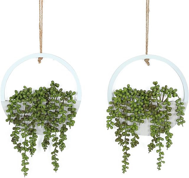 Hobyhoon Hanging Plant Artificial Succulents Fake String of Pearls Plants 12.2'' in Wooden Pot for Indoor Outdoor Wall Decor (2)