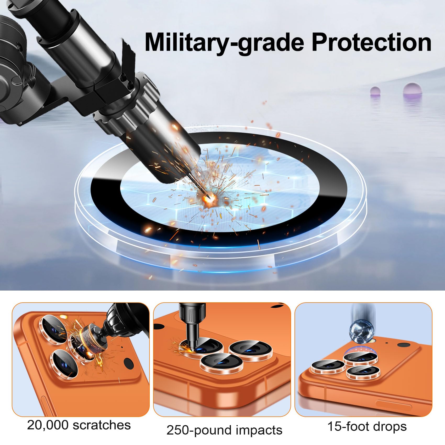 QHOHQ 3 Pezzi Protezione Fotocamera per iPhone 16 Pro Max/16 Pro/15 Pro Max/15 Pro/17 Pro Max/17 Pro, Top 9H+ Vetro Temperato, [15 Piedi Antiurto di Grado Militare], Auto-Install 1s - Trasparente