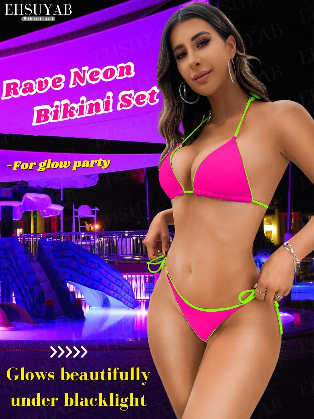 Pool Party Glitter Bikini, Neon Strap, Padded 2Pc Swimsuit Boudoir Shoot - Image 3