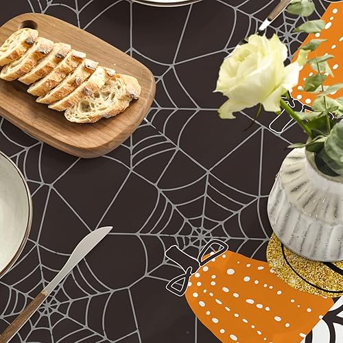 Miniatura 5 de Horaldaily Mantel rectangular de Halloween de 60 x 120 pulgadas, diseño de telaraña de calabaza con temática de miedo, color negro, lavable, para