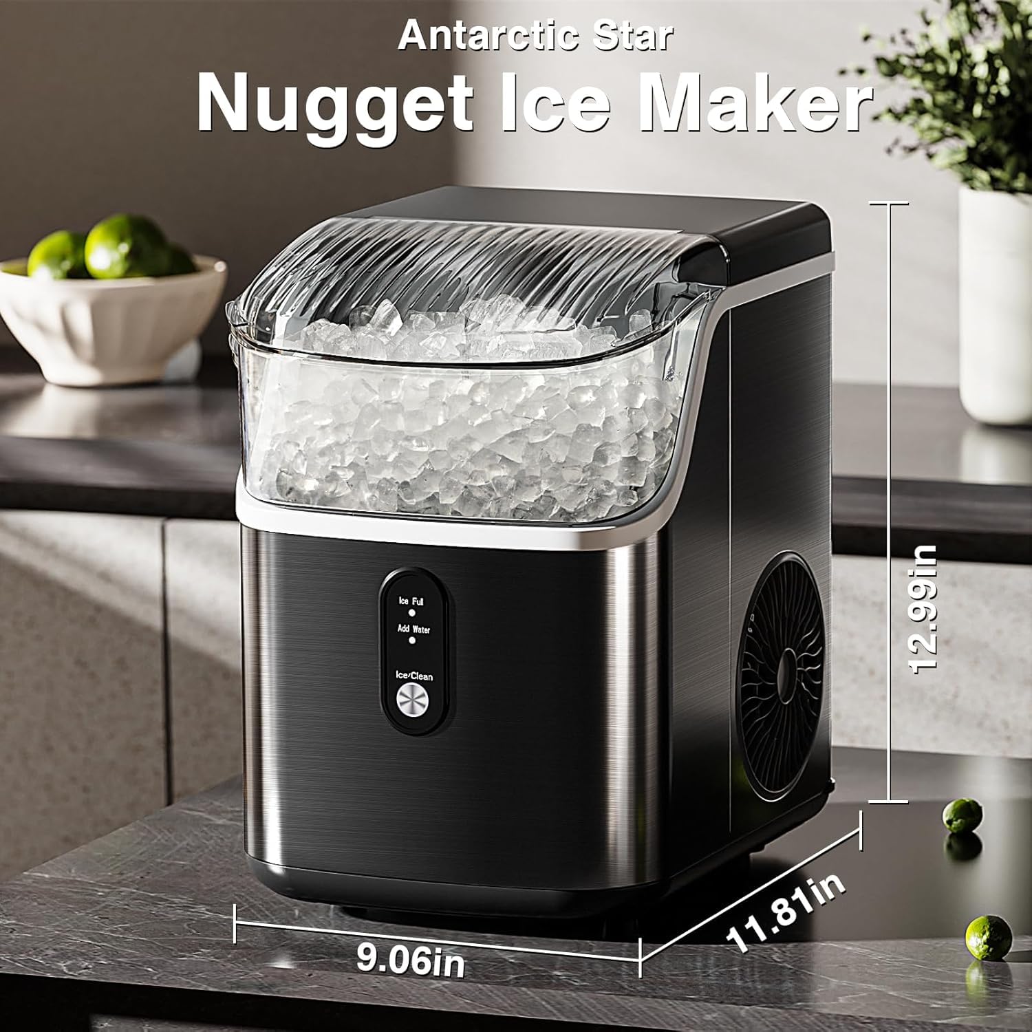 Antarctic Star Nugget Ice Makers Countertop, Portable Ice Machine With Ice Scoop & Basket, 34lbs/24h, Self-Cleaning, One Click Operation For Camping/RV/Party (Stainless Steel Black) on Fridge.com - View 4