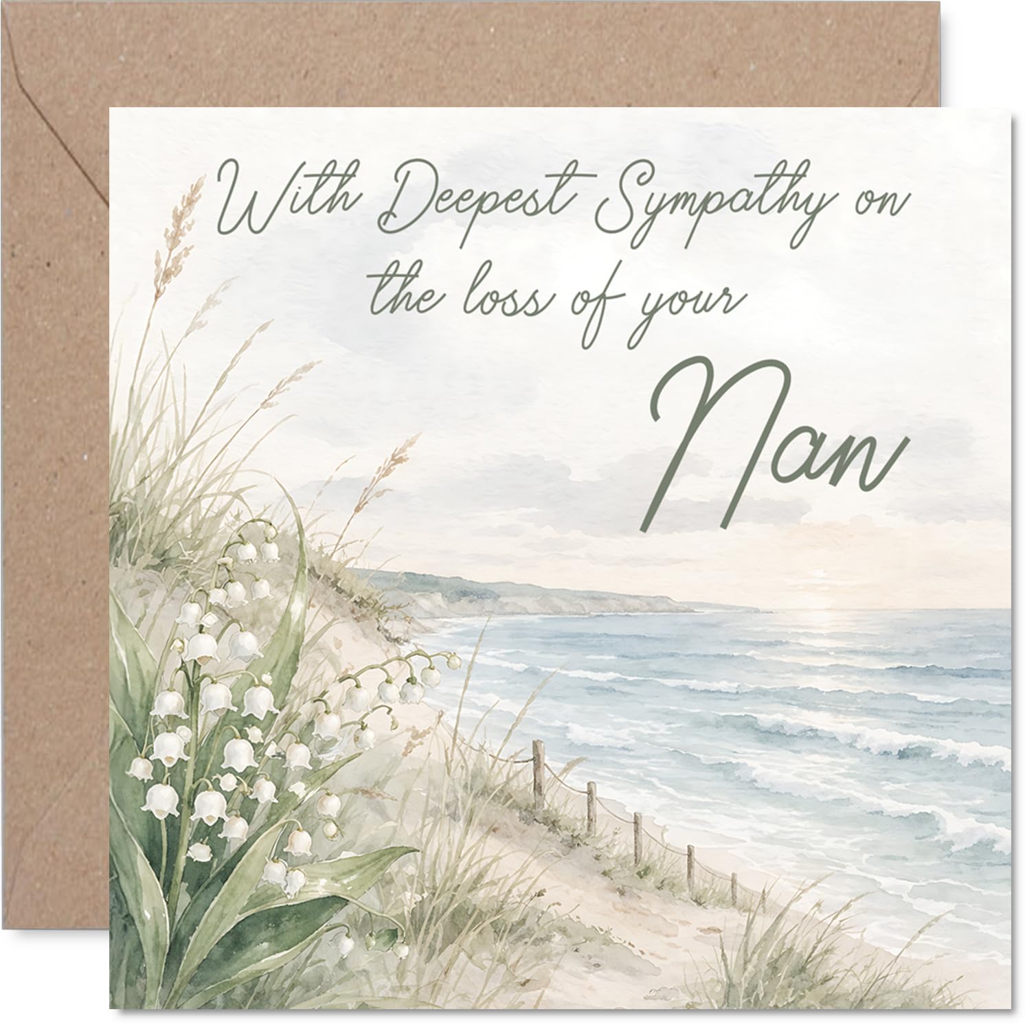 Sympathy Card - Loss of Nan - Gentle Comfort in a Difficult Time - Serene Beach and Soft Florals with Heartfelt Message - 145mm Square, Envelope Included