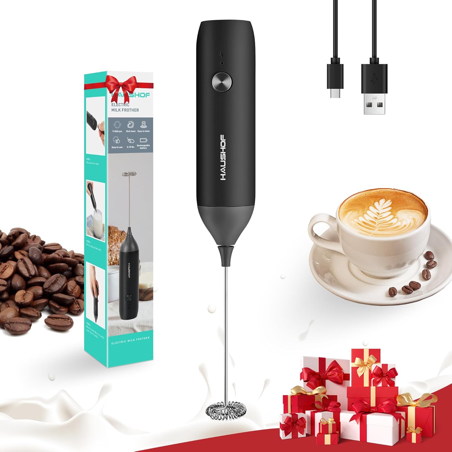 HAUSHOF Powerful Rechargeable Milk Frother, Handheld USB Type-C Electric Foam Maker for Coffee Latte, Cappuccino, Mocha, Macchiato, Frappe and Protein Powder, Detachable Stainless Steel Whisk, Black