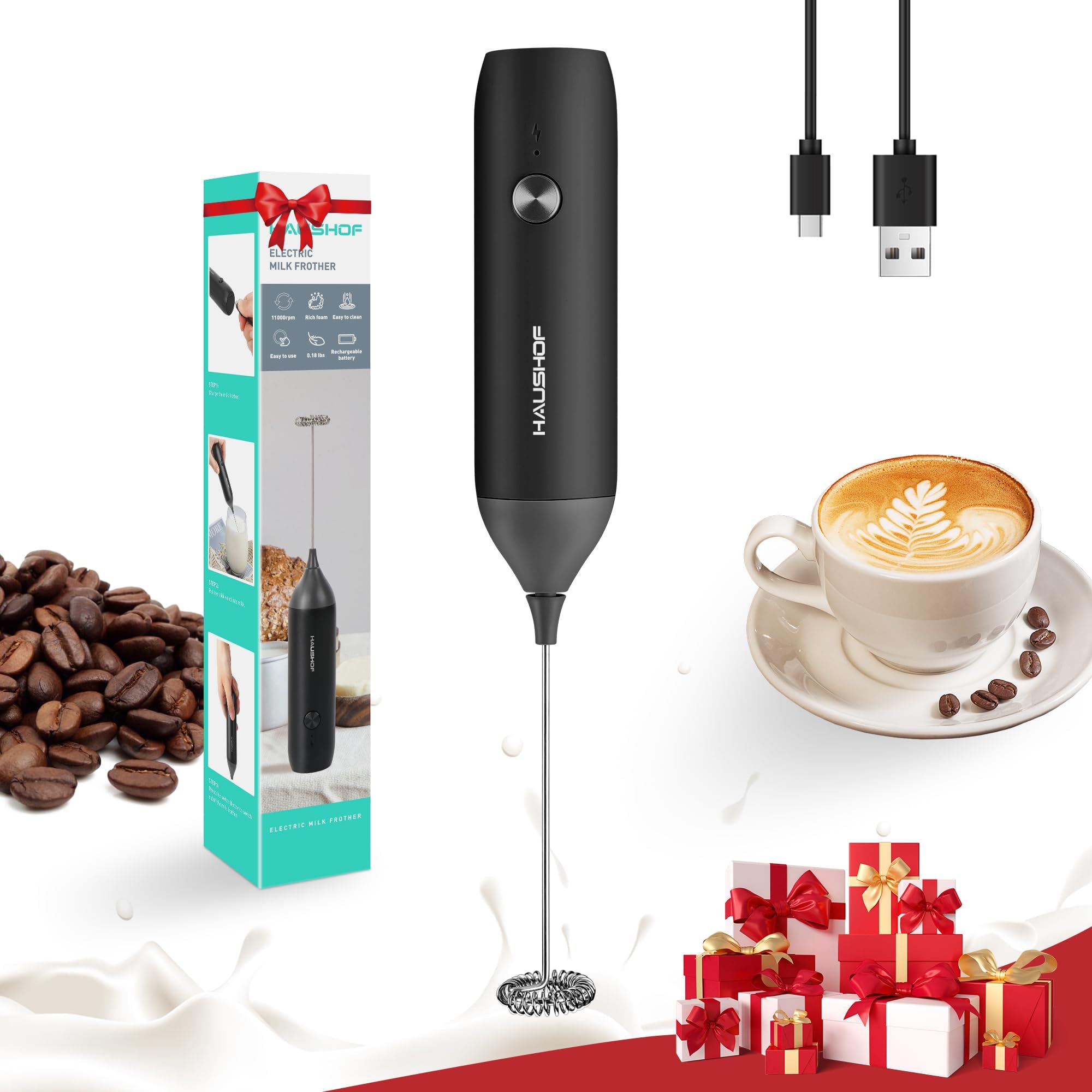 HAUSHOF Powerful Rechargeable Milk Frother Wand, Handheld Electric Foam Maker, Drink Mixer with Detachable Stainless Steel Whisk for Coffee Latte, Cappuccino, Matcha, No Stand, Black