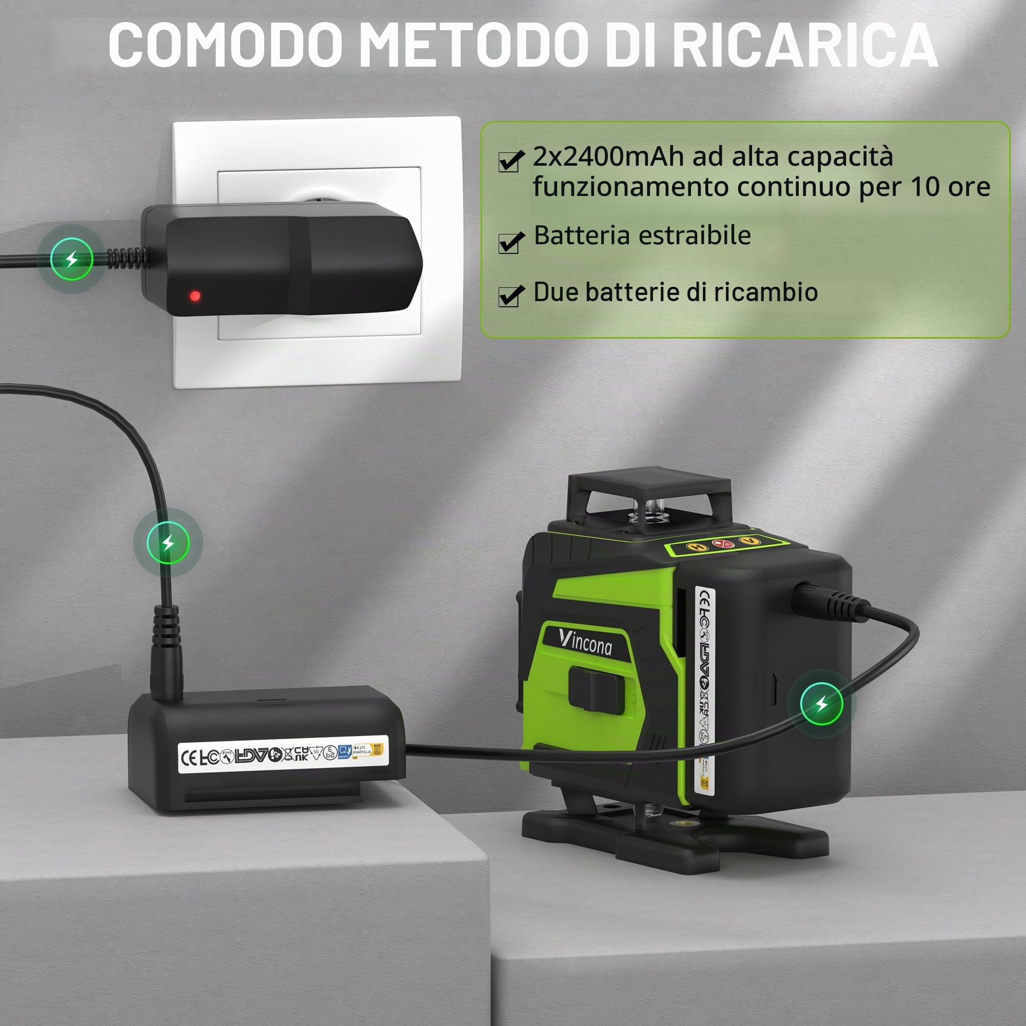 Vincona Livella Laser Autolivellante 16 Linee, 4 X 360 °Livello Laser Autolivellante Verde, ±3° Livellamento Automatico, con 2 x Batterie, Telecomando