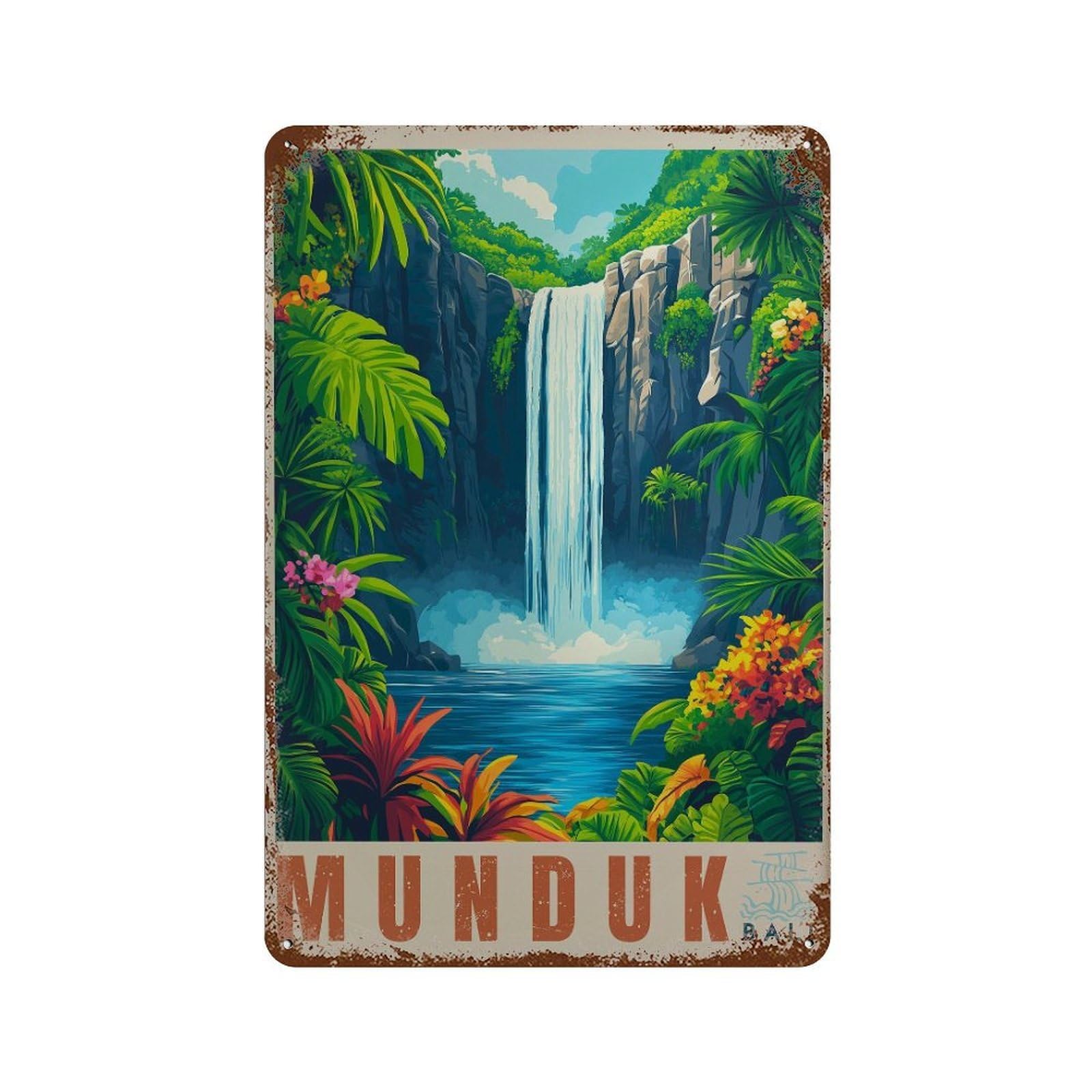 xiaoxiaoshen Munduk Bali Waterfall Tropical Jungle Travel Wall Decor Art Metal Tin Poster Modern Home Decor Art Home Bar Shop Decorations Vintage Sign 30x20cm