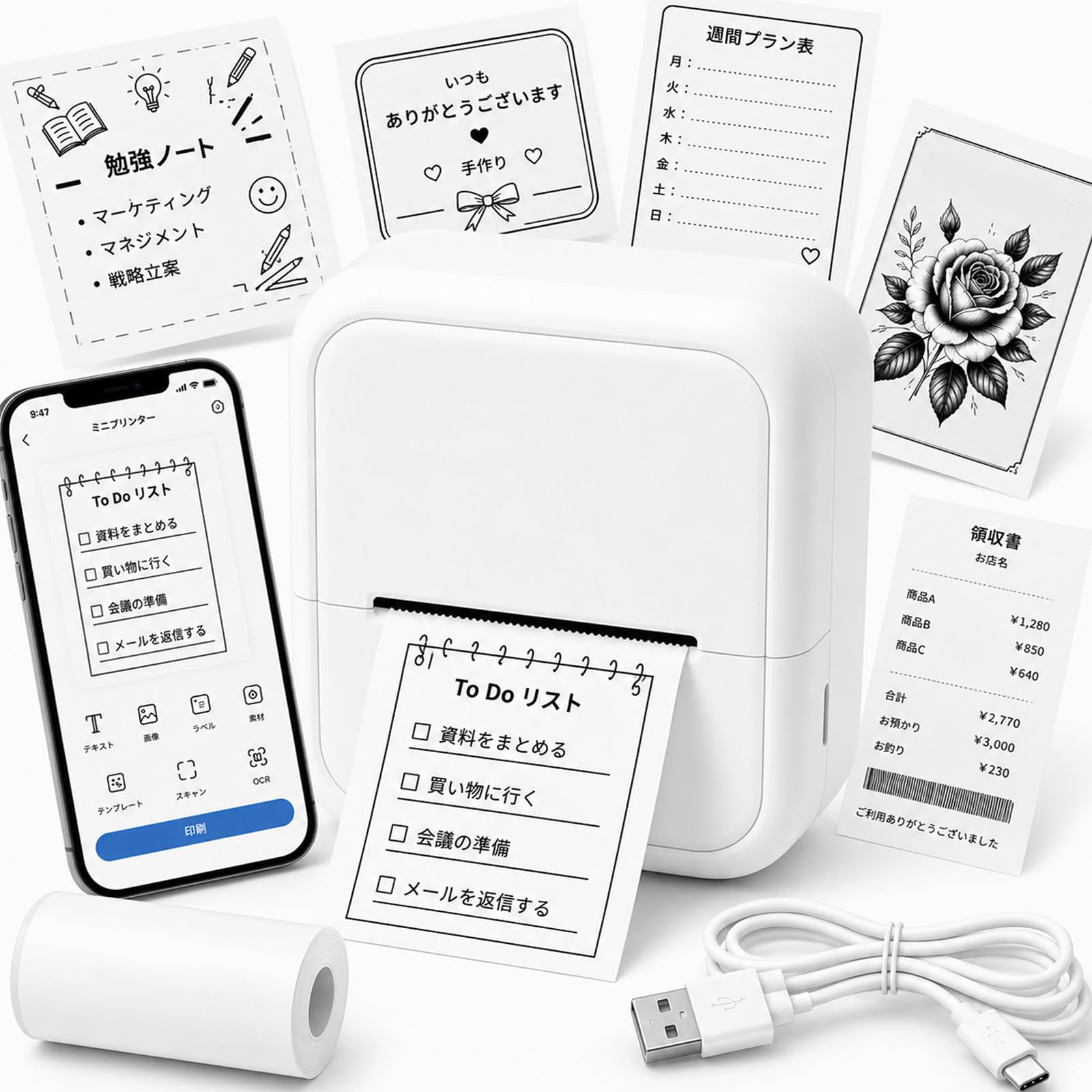 【いるか様】サーマルプリンター ホワイト ACアダプター付き Amazon.co.jp: GKE ミニサーマルプリンター ミニプリンター 感熱