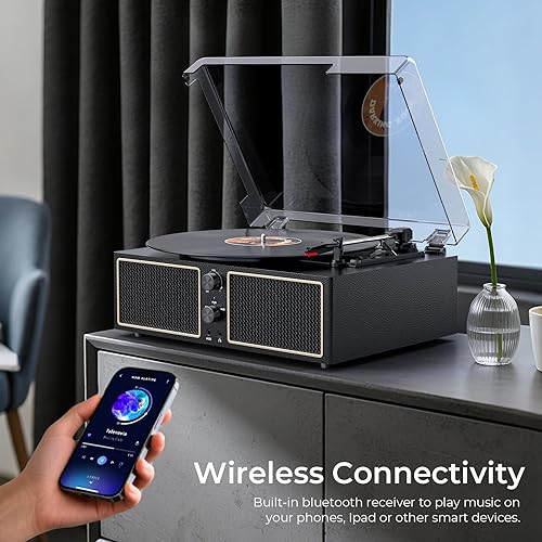 Miniatura 2 de Tocadiscos de vinilo Bluetooth con 4 altavoces estéreo, reproductor LP de 3 velocidades para discos de vinilo, salida AUX RCA, grabación de PC,