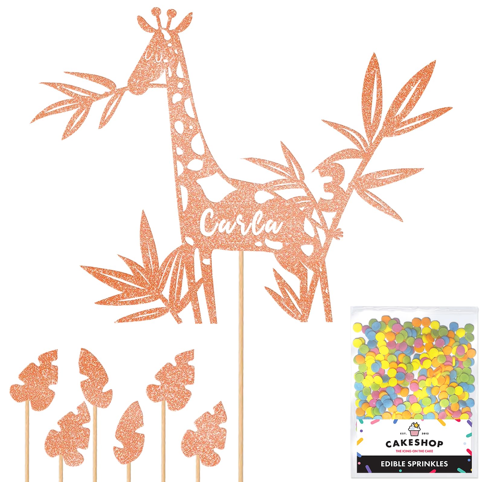 Personalised Jungle Giraffe Glitter Cake Topper Rose Gold Any Custom Age & Name Glitter Cake Decoration and Sprinkles - Happy Birthday Decorations - Personalised Toppers for Cakes by Cakeshop โ image 1