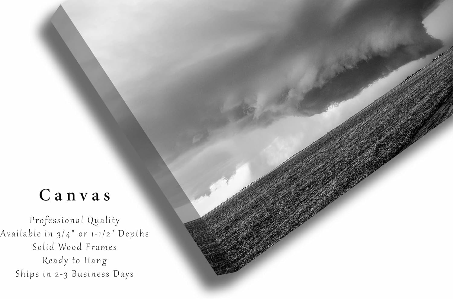 Storm Canvas Wall Art (Ready to Hang) Black and White Gallery Wrap of Supercell Thunderstorm on Stormy Spring Day in Kansas Weather Photography Nature Decor (.75, 24" x 36")