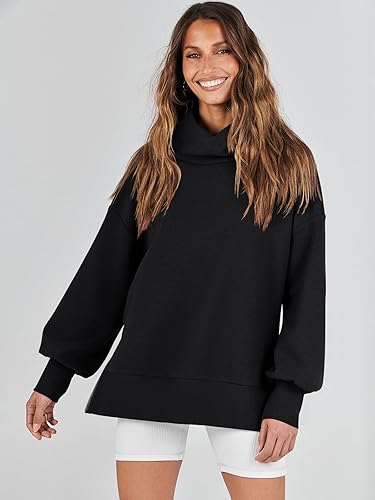 Miniatura 5 de Caracilia Sudadera de gran tamaño para mujer, cuello alto, manga larga, suéter de punto, sin botones, para otoño e invierno, ropa casual de moda