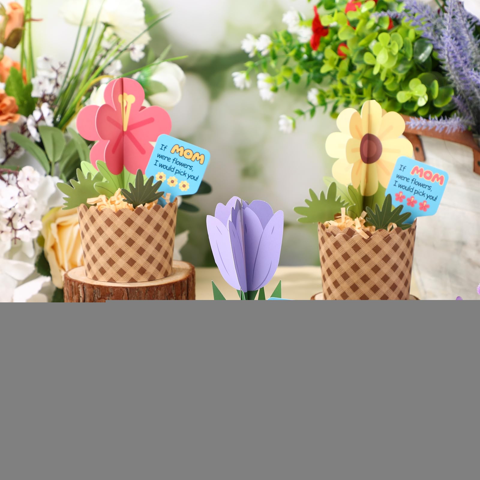 Motipuns 30 set per la festa della mamma, kit di artigianato con fiori, bouquet di fiori sfusi, con bicchieri di carta a quadri kraft, per festa della mamma, scuola, attività divertenti, fai da te