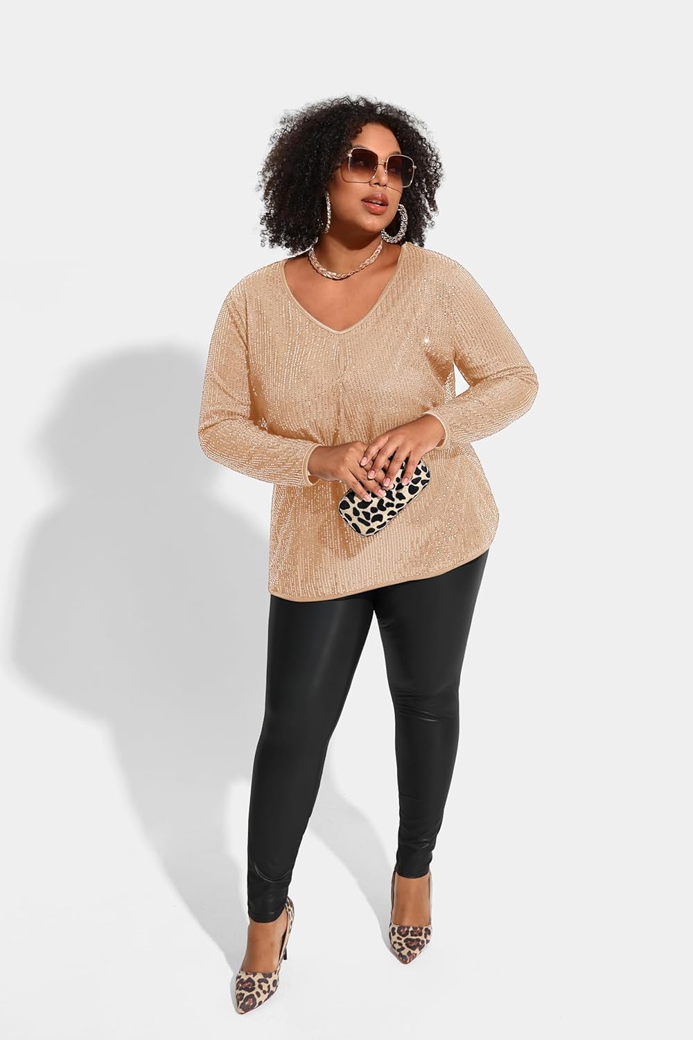 TIYOMI Plus Size Tops for Women Long Sleeve Sequins Party Tunic V Neck Casual Shirt Pleated Front Blouse Spring Winter XL-5XL - Image 4