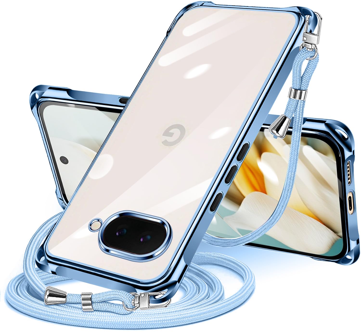 NISIILNG Google Pixel 9a 用 ケース クリア ショルダー pixel9a 用 スマホケース ピクセル 9A カバー 肩掛け 斜めかけ 縄掛けケース 耐衝撃 透明 薄型 軽量 TPU 紐付き 斜めがけ 織りストラップ付き ネックストラップ ショルダー 縦/横 2WAY 長さ調整可能 取り外し可能 落下防止 紛失防止 (ブルー)