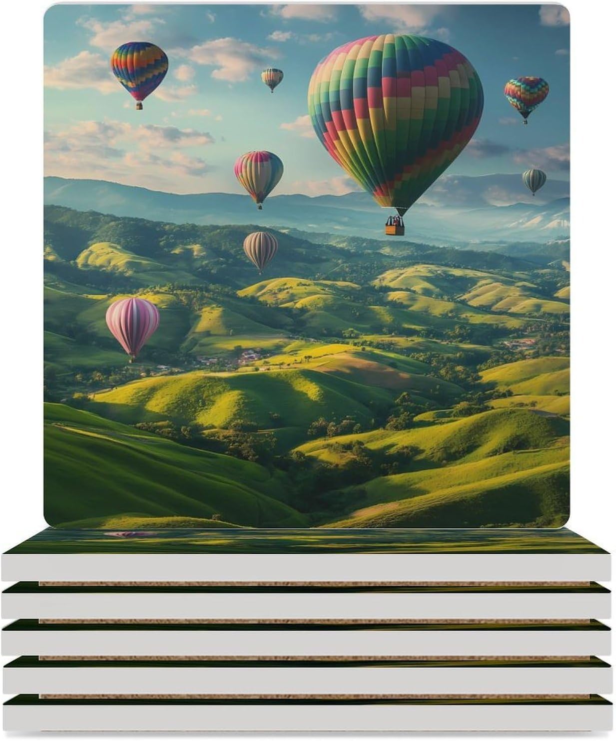 Hot-Air Balloons Coasters for Drinks Square Ceramic Coasters Cup Mats with Cork Base