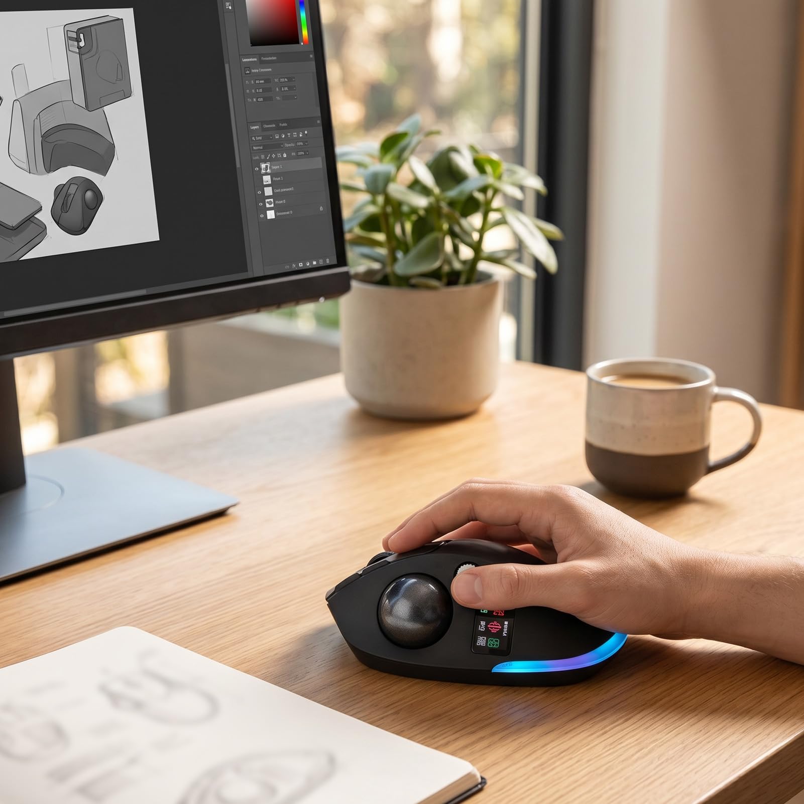 Mouse Trackball Wireless, Design Ergonomico, 8000 DPI, 8 Pulsanti | Schermo LCD a Colori, Retroilluminazione RGB, Trackball Silenziosa Ricaricabile, con Batteria da 730 MAh per Gioco, Lavoro,