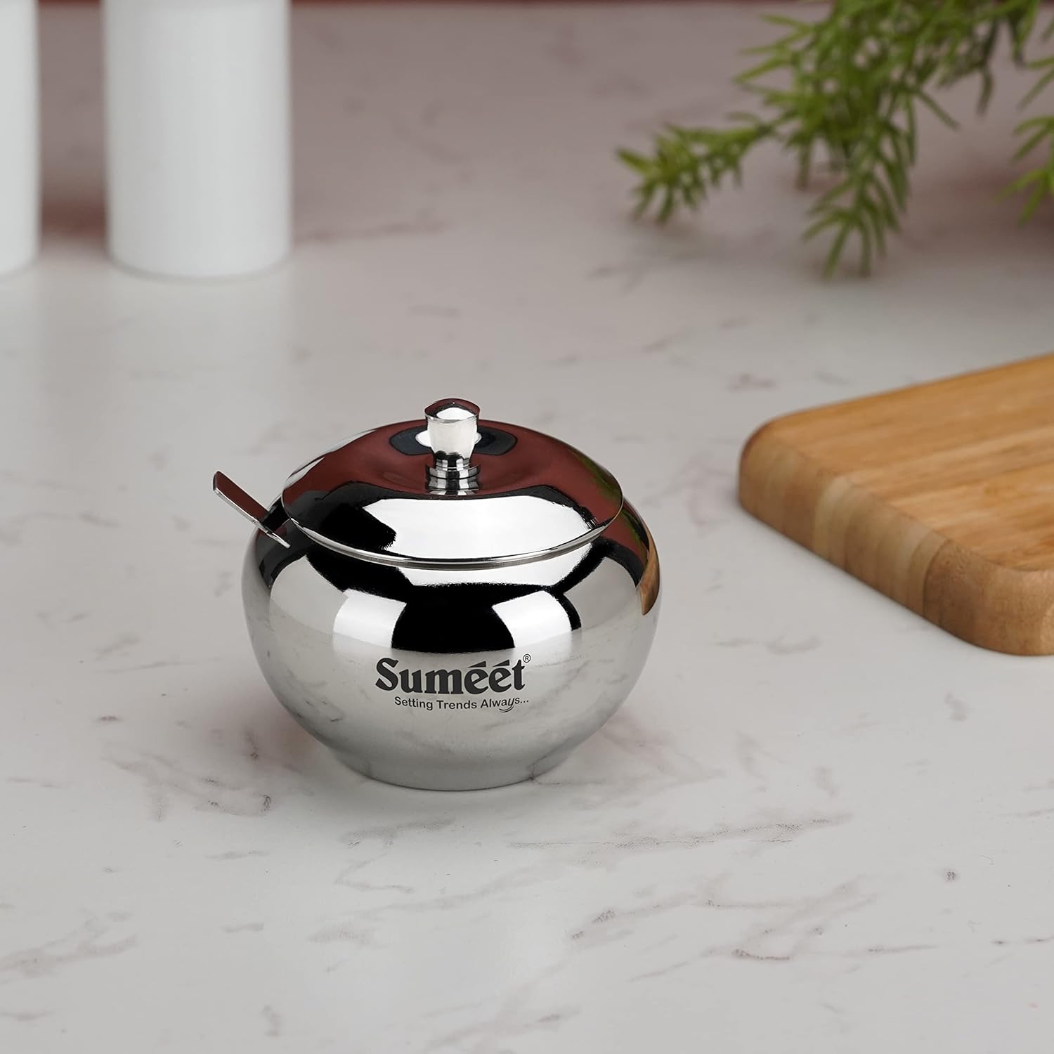 Sumeet Stainless Steel Ghee and Oil Pot, Storage Container with Spoon for Kitchen, 9.5cm Dia, 330ML - (Pack of 1), Silver