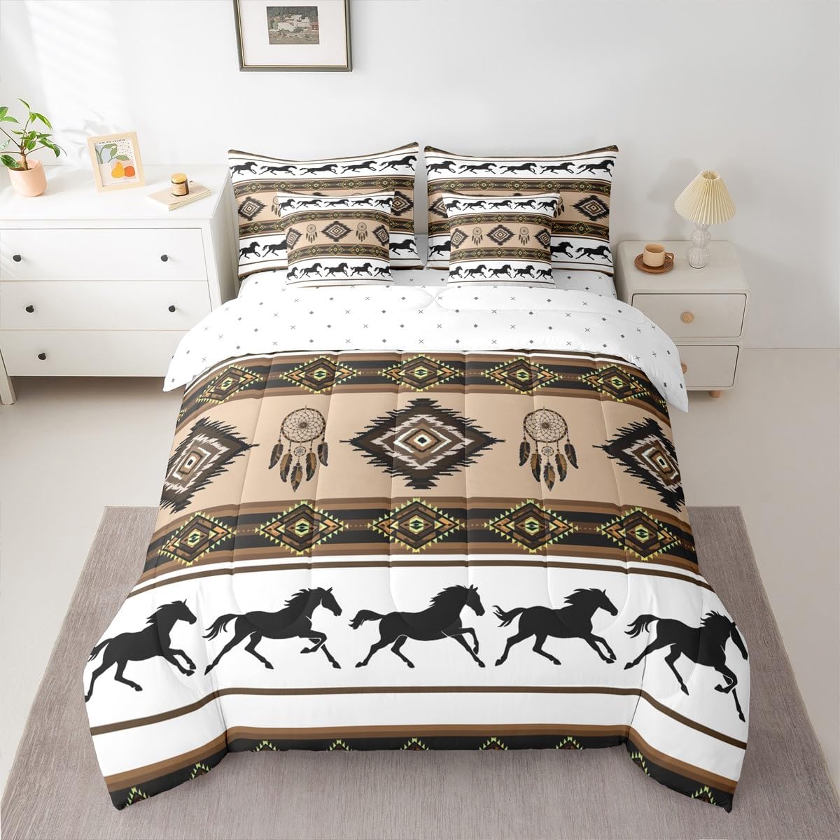 Castle Fairy Aztec Tribal Kids 7 Pieces Comforter Set Queen Size,American Southwest Native Boho Reversible Quilt Set,Ethnic Stripes Horse Brown White Bedding Set with Comforter,Sheet,Pillowcase