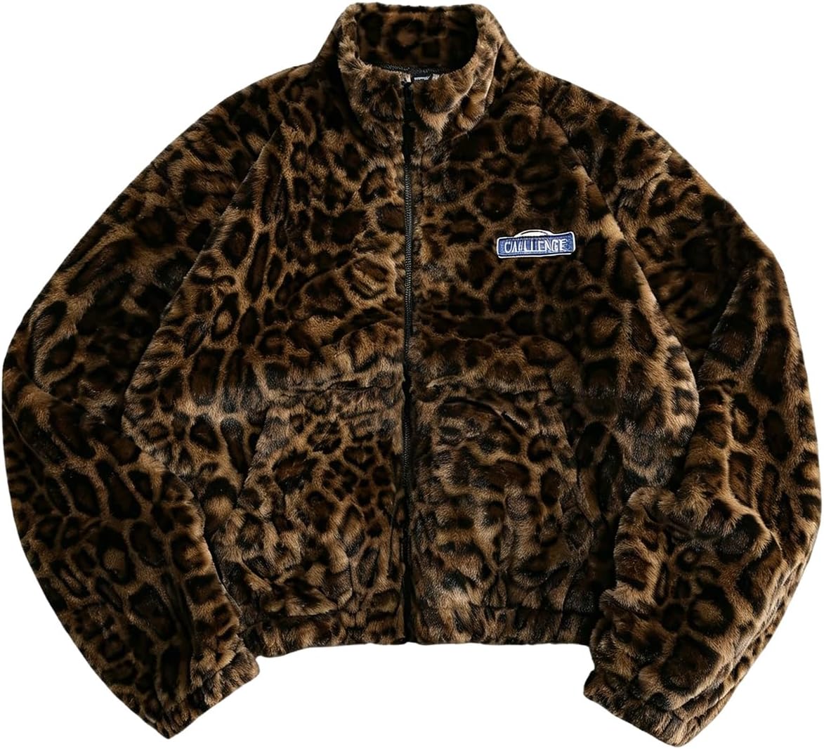 SOLY HUX Men's Leopard Fleece Jacket Zip Up Fall Winter Coat Streetwear Casual Outerwear