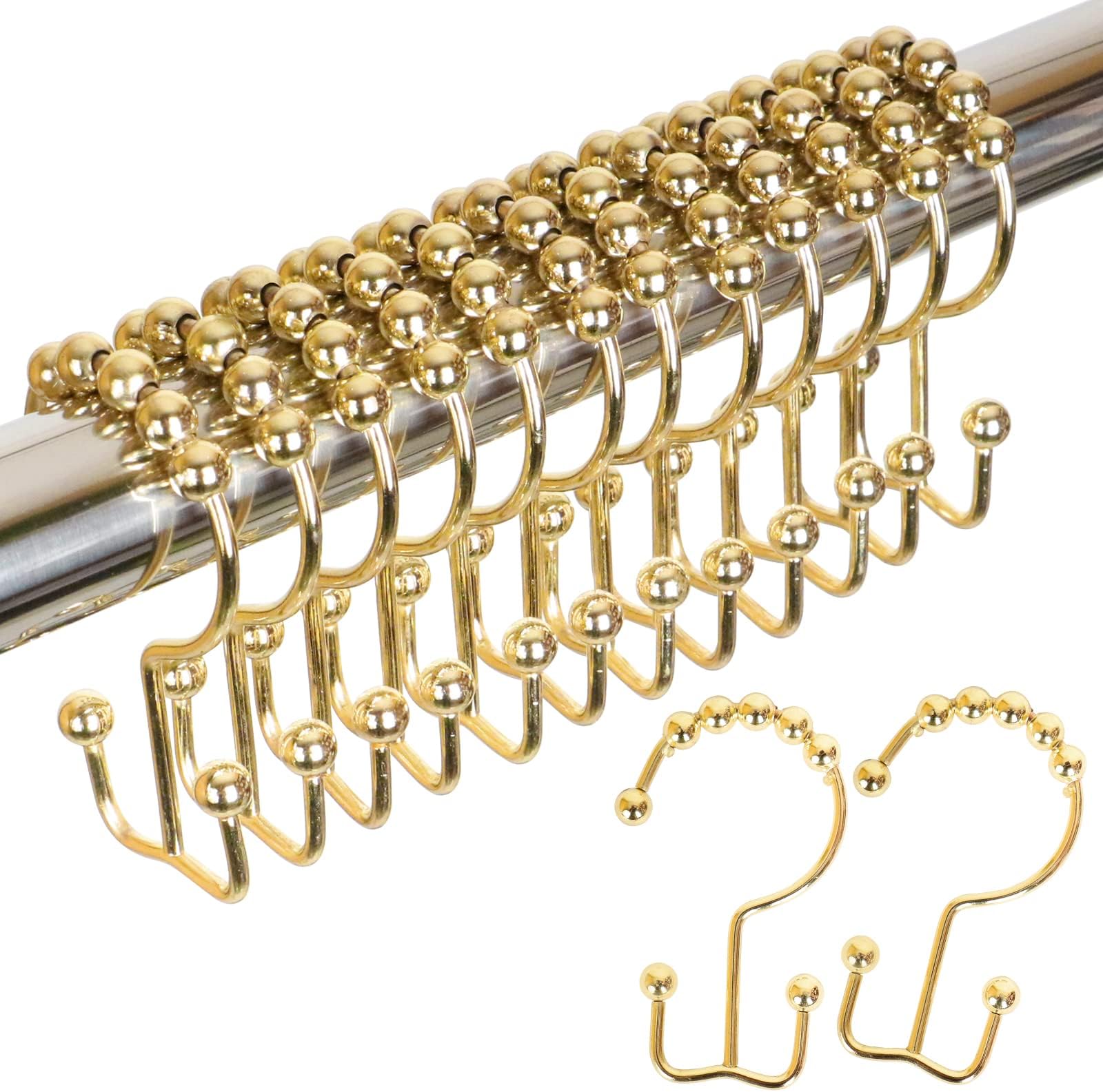 Shower Curtain Hooks Rings, Rust Proof Stainless Steel Shower Curtain Hooks Double Sided for Bathroom Shower Rods Curtains, Set of 12, Gold