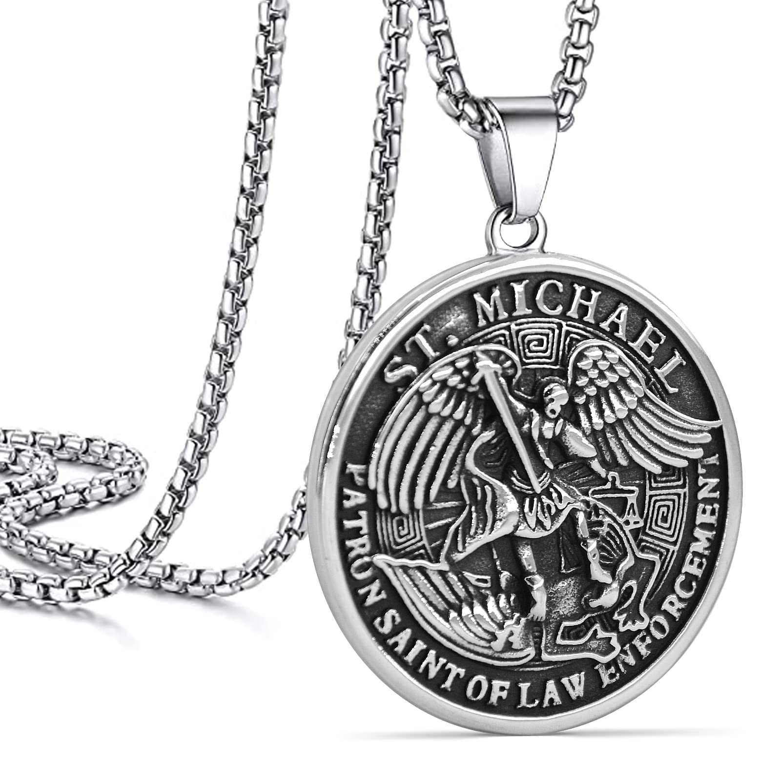 ST Michael Pendant - ST Michael Necklace for Men |St Michael Archangel Catholic Coin Pendant Gift for Men Women, Zinc, Agate