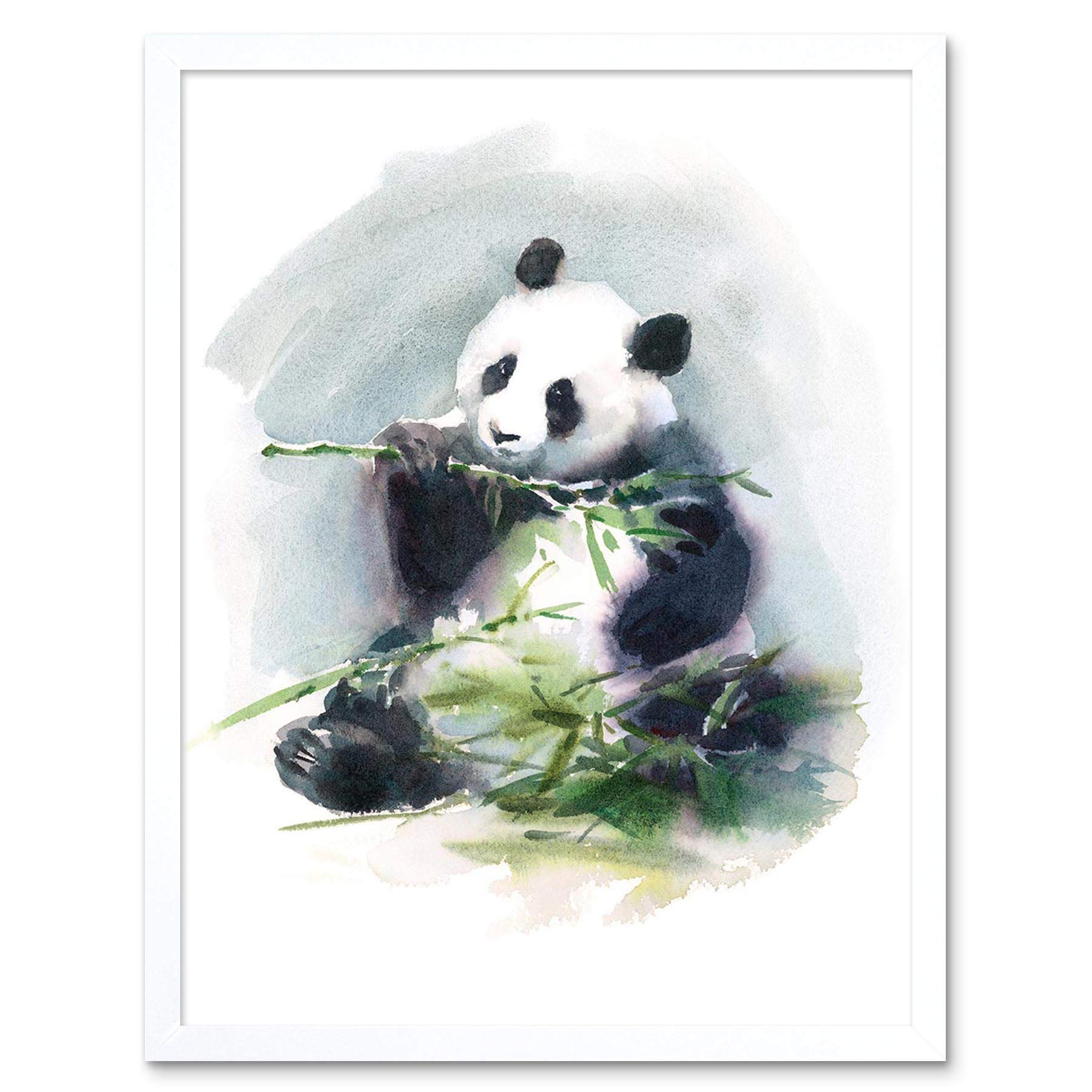 Wee Blue Coo Panda Eating Watercolour Art Print Framed Poster Wall Decor 12X16 Inch