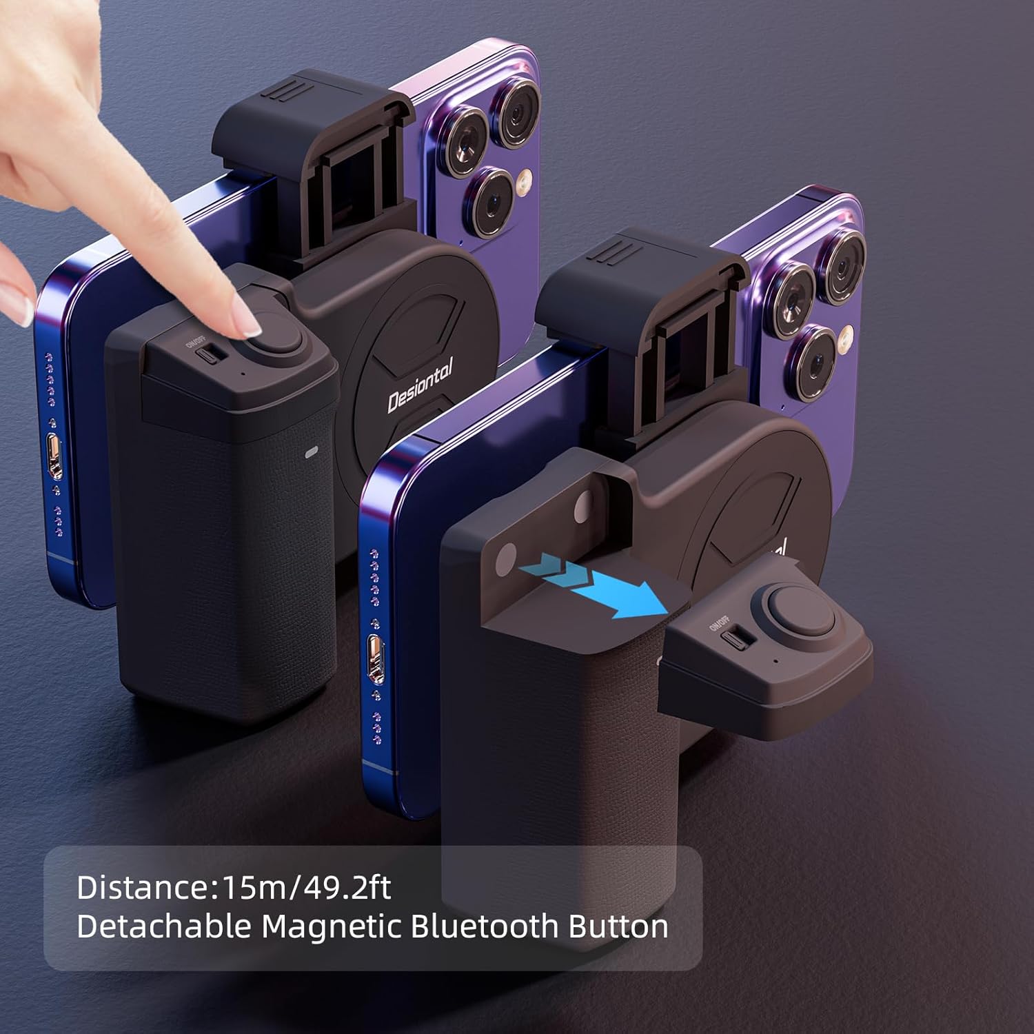Image showing the detachable magnetic Bluetooth button and its operating distance.