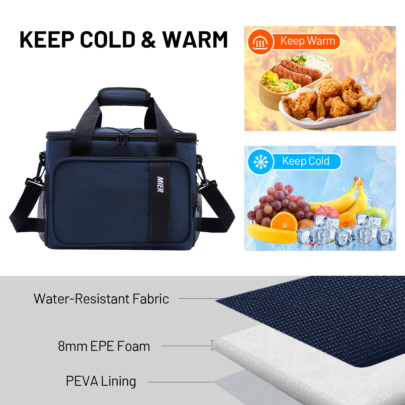 MIER Bolsa térmica aislada para el almuerzo para hombres y mujeres, 24 latas grandes bolsas de almuerzo a prueba de fugas, refrigeradores para el trabajo, viajes, picnic, azul marino
