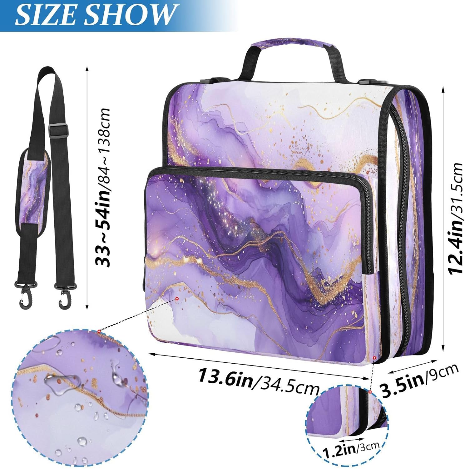 Purple Marble Waterproof Zipper Binder with Shoulder Strap, 3-Ring Trapper Keeper with Lay-Flat Design and Multiple Compartments for School & Office, Adults & Kids