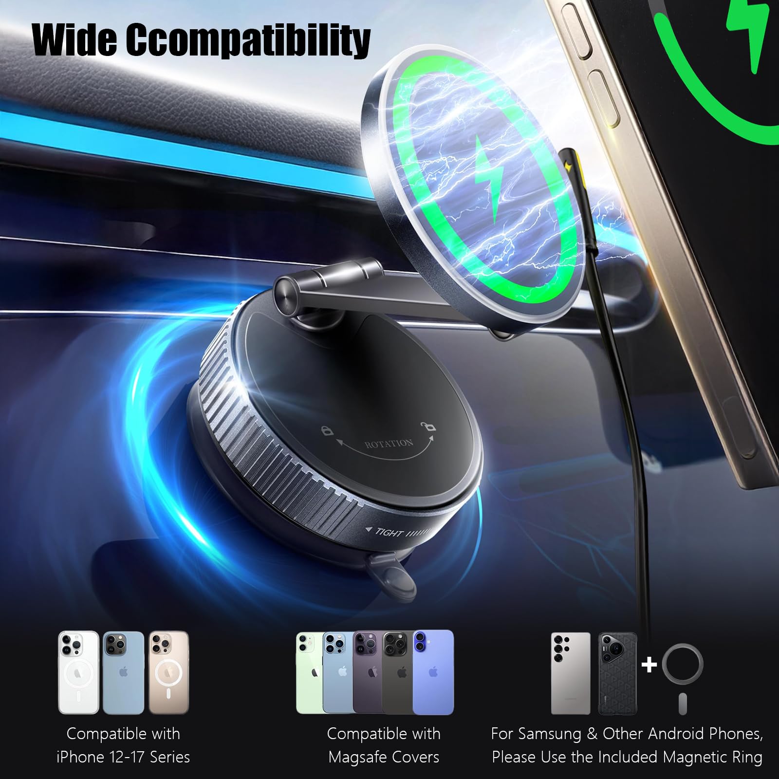 15W Magnetische KFZ Handyhalterung mit Ladefunktion & Kabellosem Schnellladegerät, Autohalterung 360° Drehbar & Faltbar, Vakuum-Saugnapf, Kompatibel mit iPhone 17 16 15 14 & Samsung (Grau)