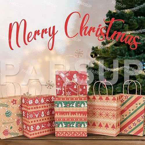 Miniatura 4 de Bolsas de regalo de papel kraft de Navidad, 24 unidades de estilos surtidos, bolsas de papel pequeñas de Navidad con asas, bolsas de regalo de