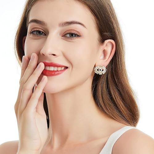 Miniatura 2 de Evil Eye Stud Earrings for Women 18K Gold Plated Blue Cubic Zirconia Large Evil Eye Earrings for Women
