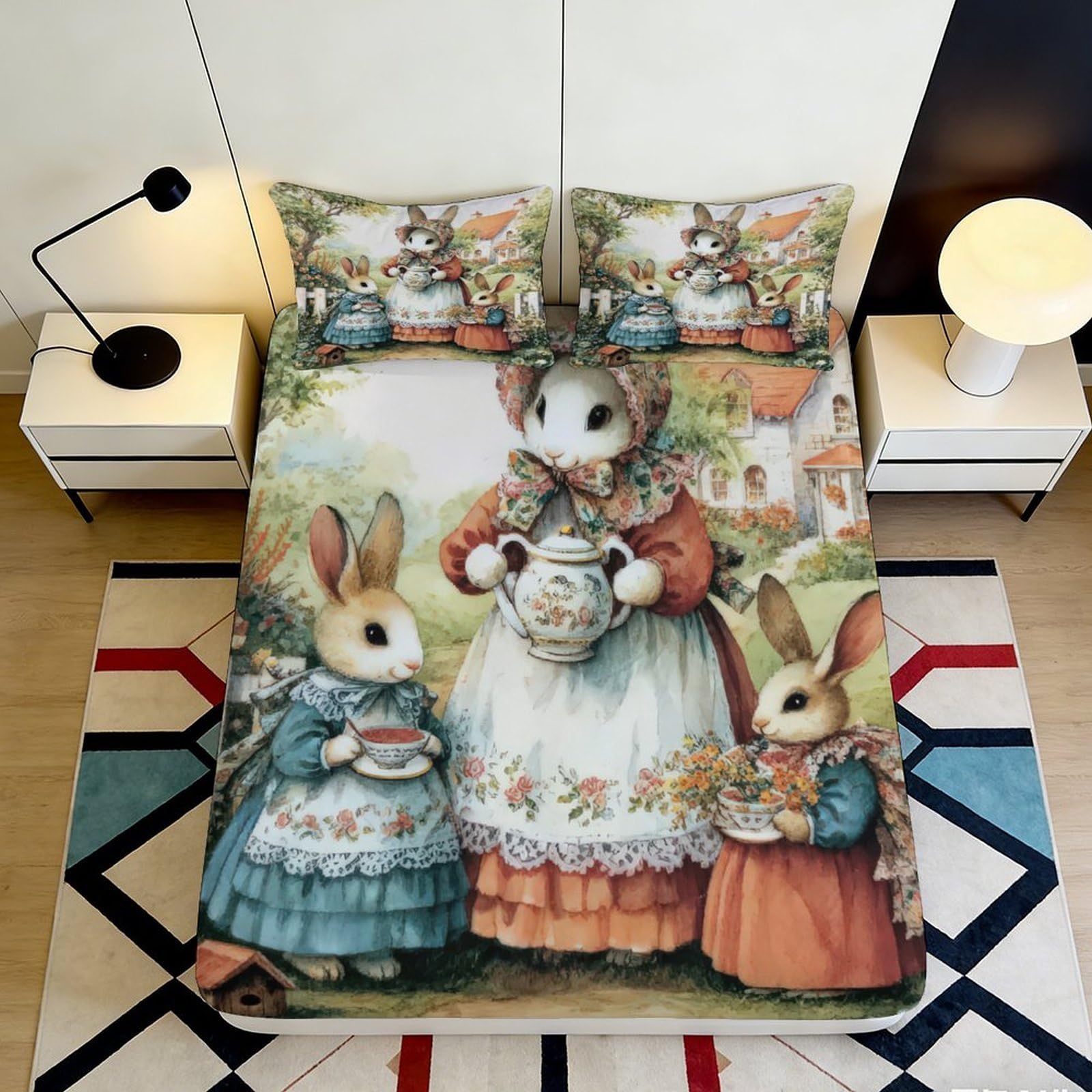 3D Printed Bunny Tale Fitted Sheet Microfiber Deep Pocket Non-Slip Bedroom Bedding Bunny Mattress Fitted Cover Full Wrap Machine Washable 140x200x25cm