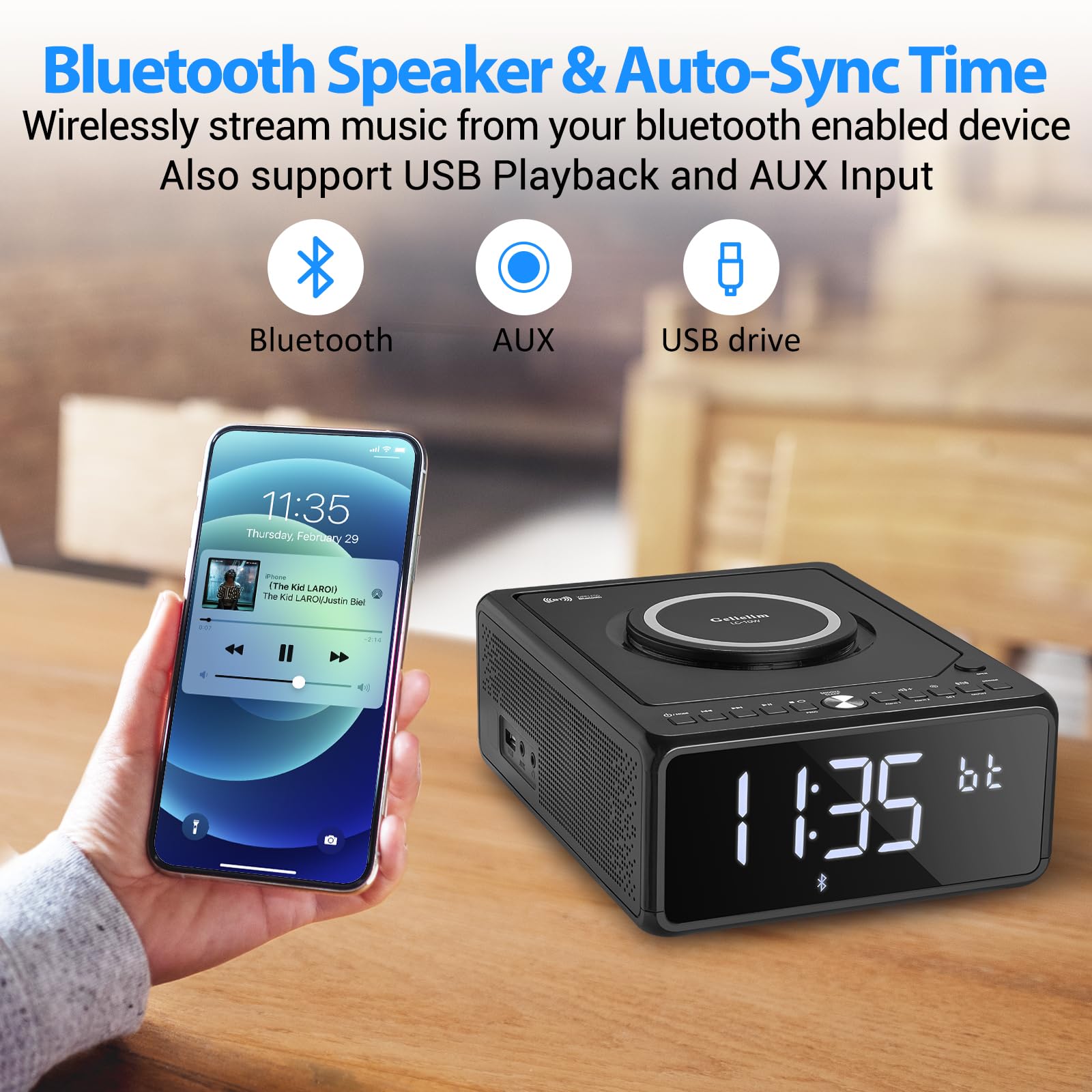 Gelielim Elegante reproductor de CD para el hogar, reloj despertador con carga inalámbrica, boombox Bluetooth con control remoto, radio FM (sin AM)/AUX/USB/temporizador/regulador, reproductor de CD