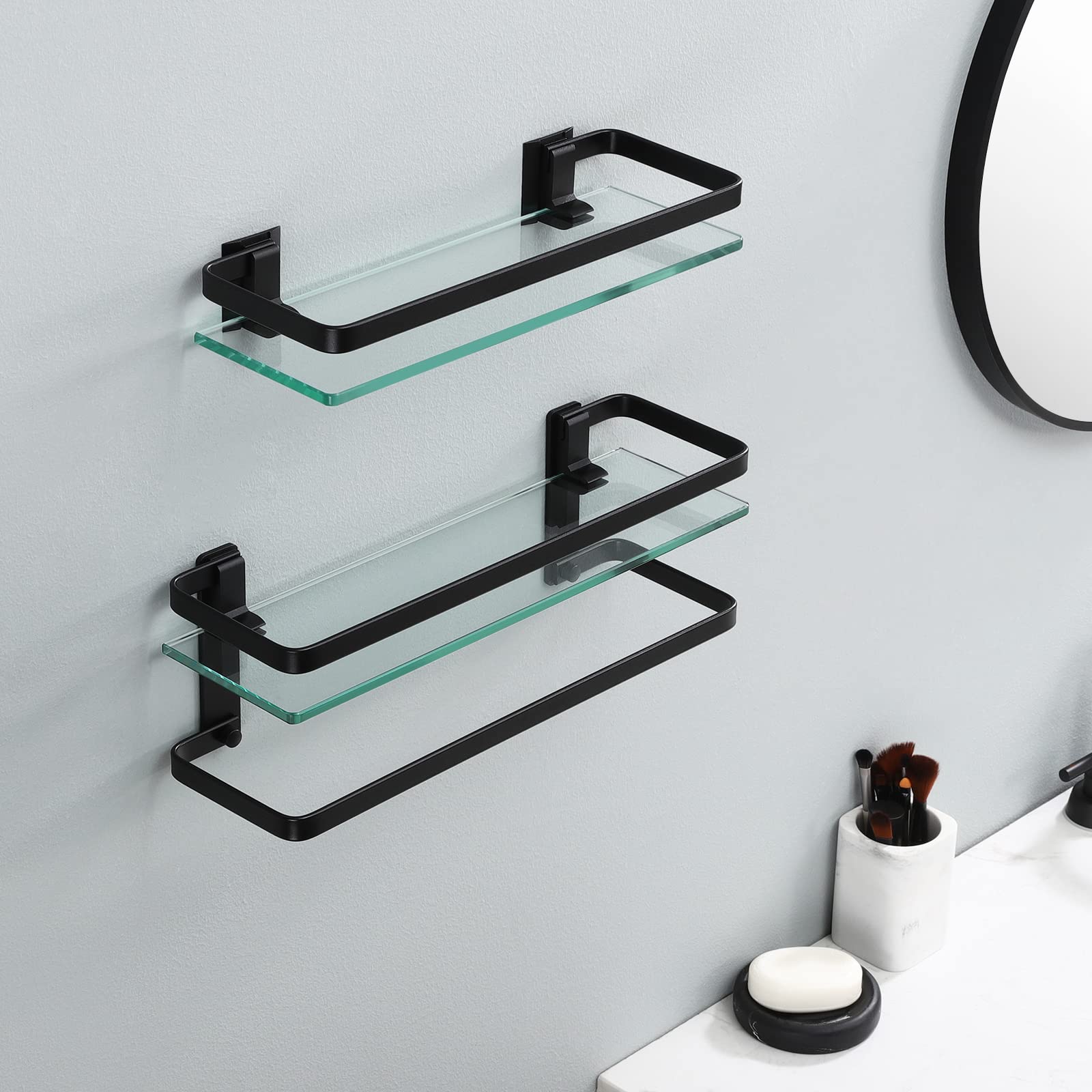 KES Glass Bathroom Shelf, Tempered Glass Floating Bathroom Shelf with Bar Rectangular Wall Mounted Rustproof Aluminum Black, A4126A-BK+A4127A-BK