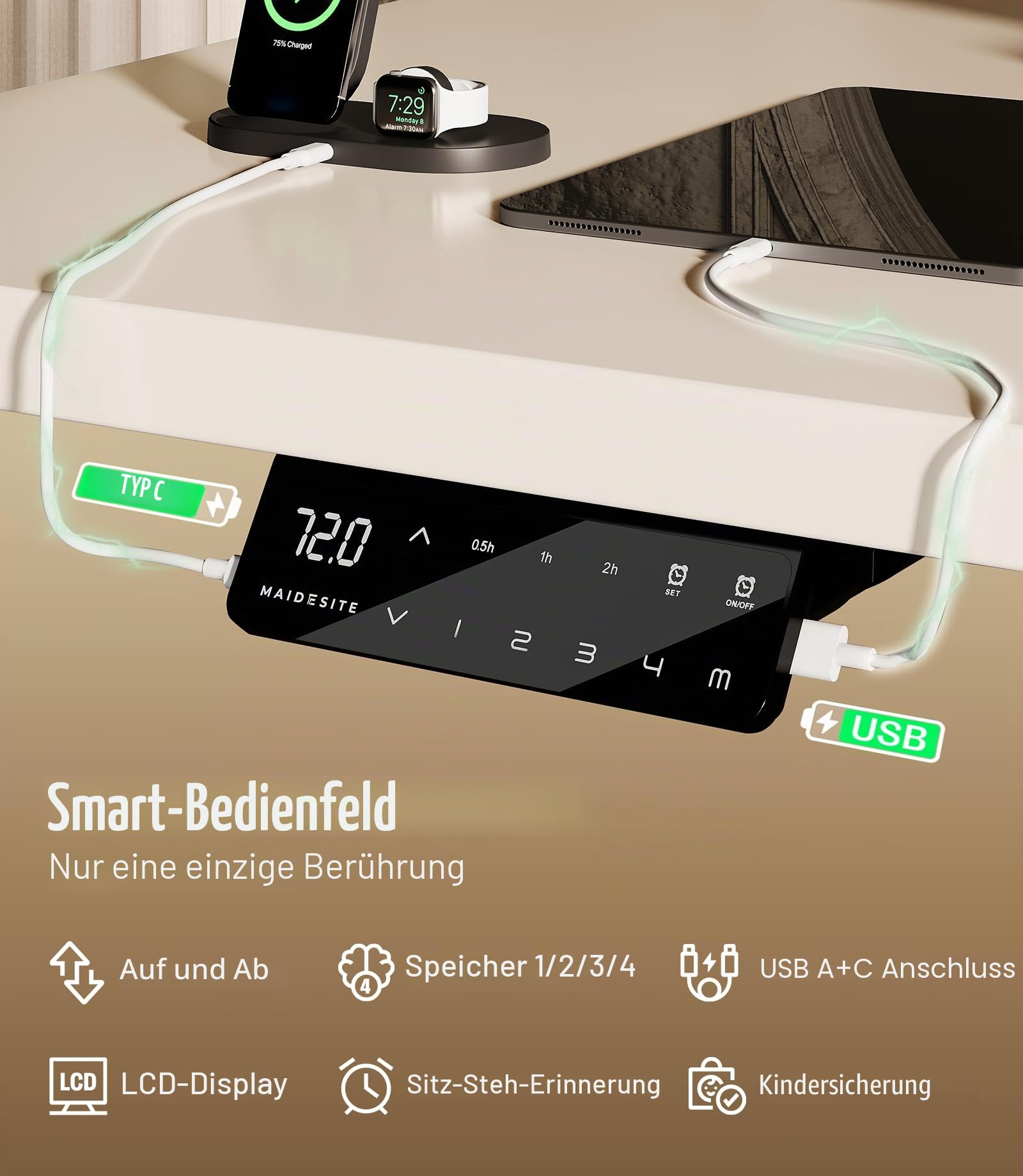 MAIDeSITe Höhenverstellbarer Schreibtisch 160x80cm - Elektrisch Schreibpult Höhenverstellbar 3-stufige mit 2 Energieeffizient‌ Motoren -Stabil & Flüsterleiser Arbeitsplätze Traglast 160kg -S2 Pro Plus