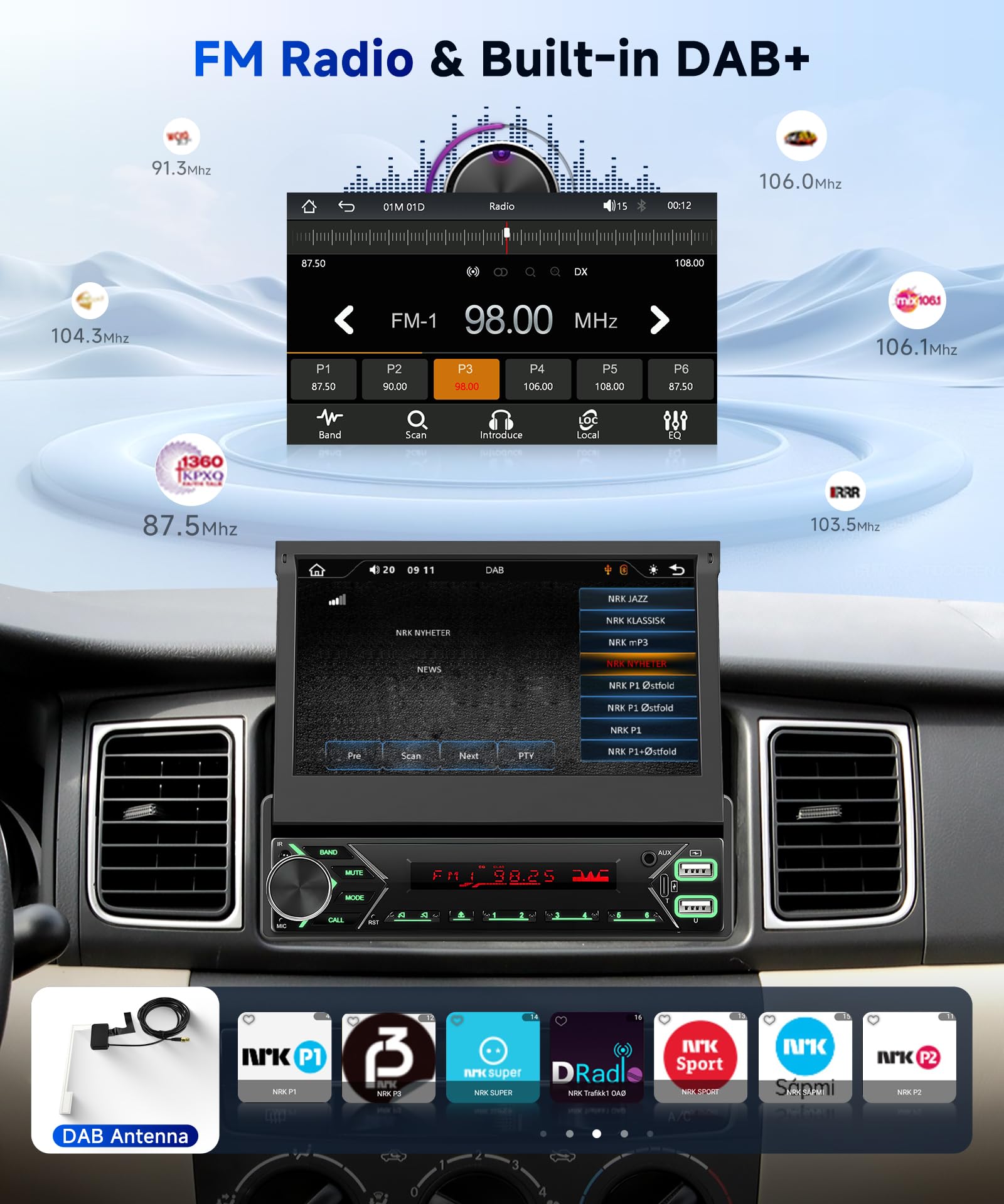 Hodozzy Dab Autoradio 1 din Carplay sans Fil Android Auto avec Écran Automatique Rétractable de 7 Pouces, Poste Radio Voiture Bluetooth Ecran Tactile avec Lien Miroir/FM/USB/AUX/TF+Caméra de recul