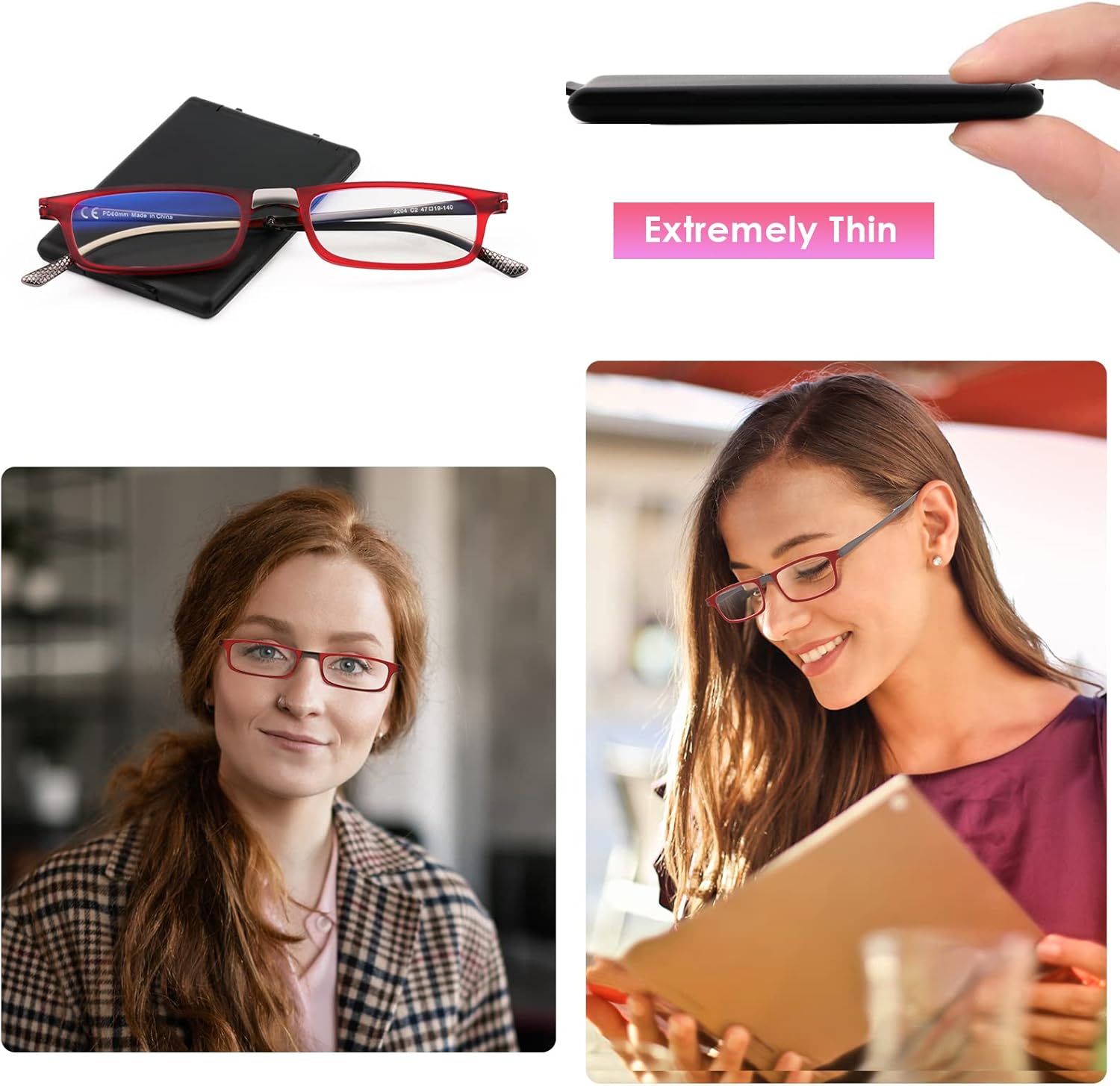 SKYOAK Evolved Folding Reading Glasses For Women Men Blue Light Blocking Anti UV Eyestrain Foldable Portable Compact Readers with Flat Hard Case Pocket Computer glasses 1.5 RED - Image 2