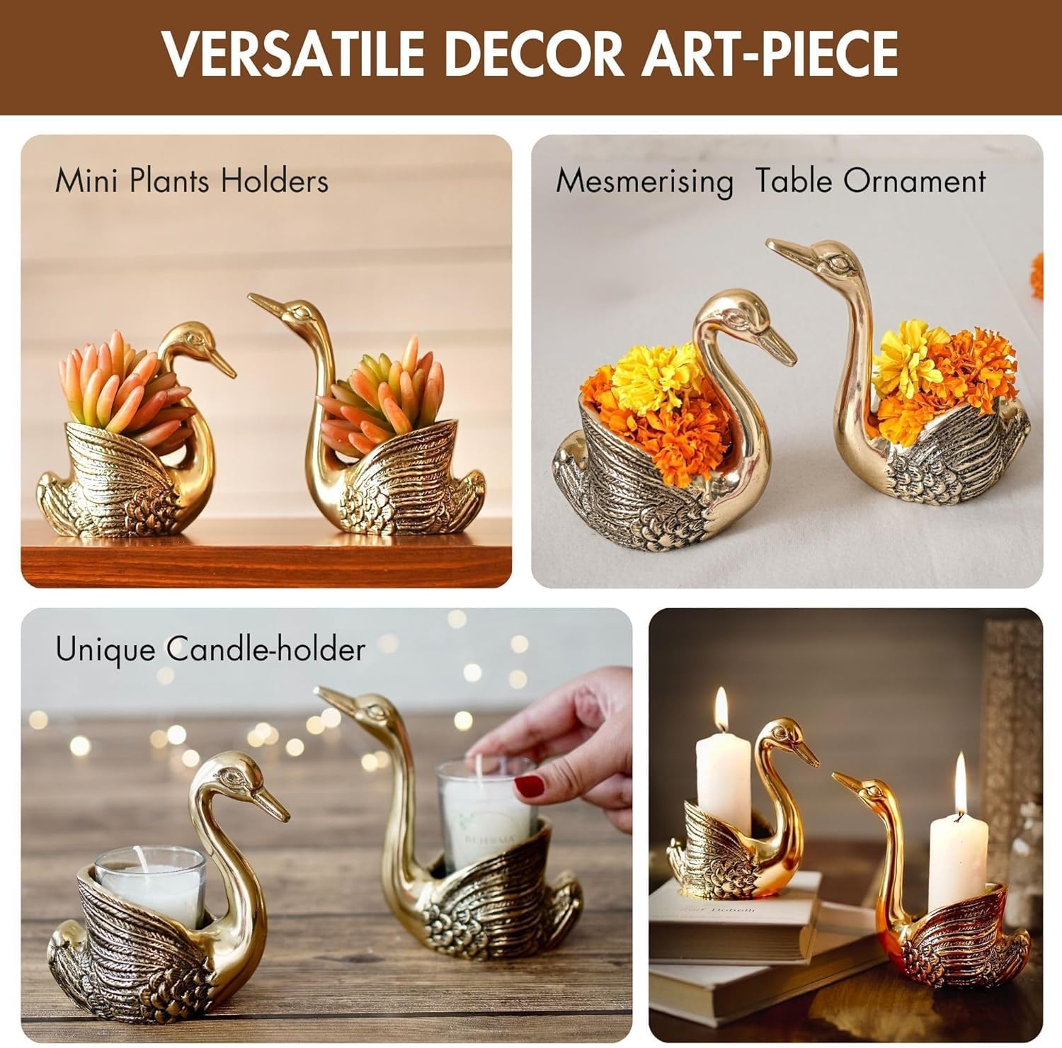 Metal Pair of Swans for Good Luck and Love | Candle Holder for Home Decor Tabletop Living Room Office | Showpiece Vastu Statue for Gifting (Candles/Plants Etc Not Included), Gold