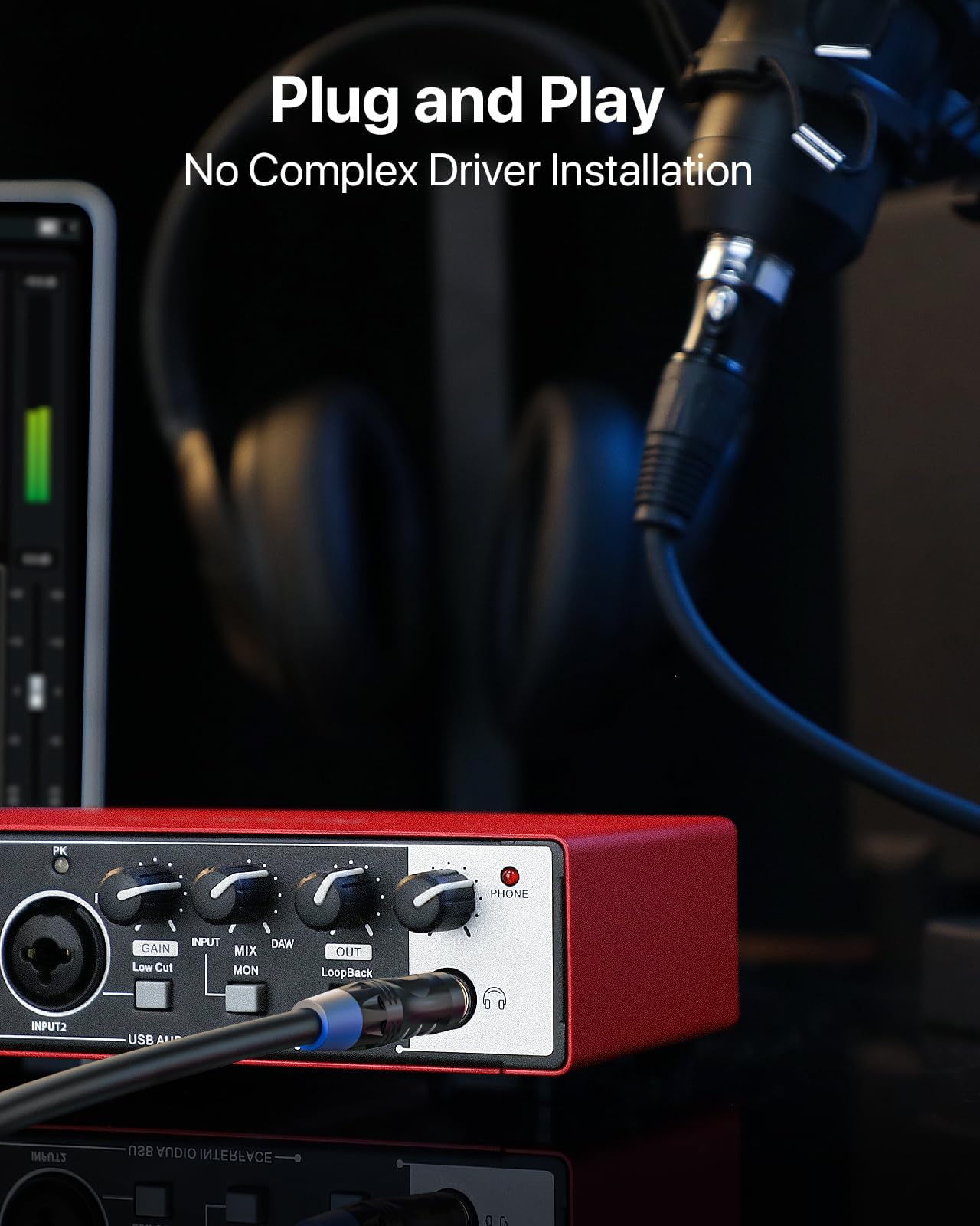 Carte Son Externe,2×2 Interface Audio USB-C pour PC,24 Bits/192 kHz, Doubles Entrées TS/XLR,Alimentation Fantôme +48 V,pour Studio/Podcast/Diffusion en Direct (Rouge)