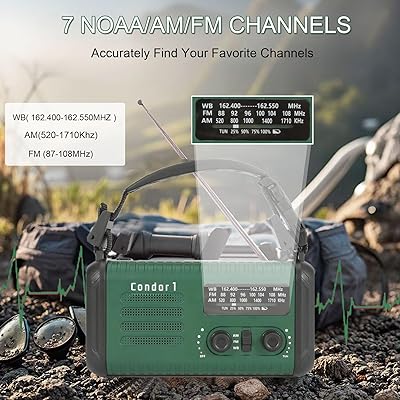 Emergency Weather Radio  Condor 1  NOAA/AM/FM With 74000mWh Portable Radio Usb C Solar Hand Crank Charging Sos Alarm Flashlight Reading Lamp Survival Handle Kit For Indoor Outdoor Black