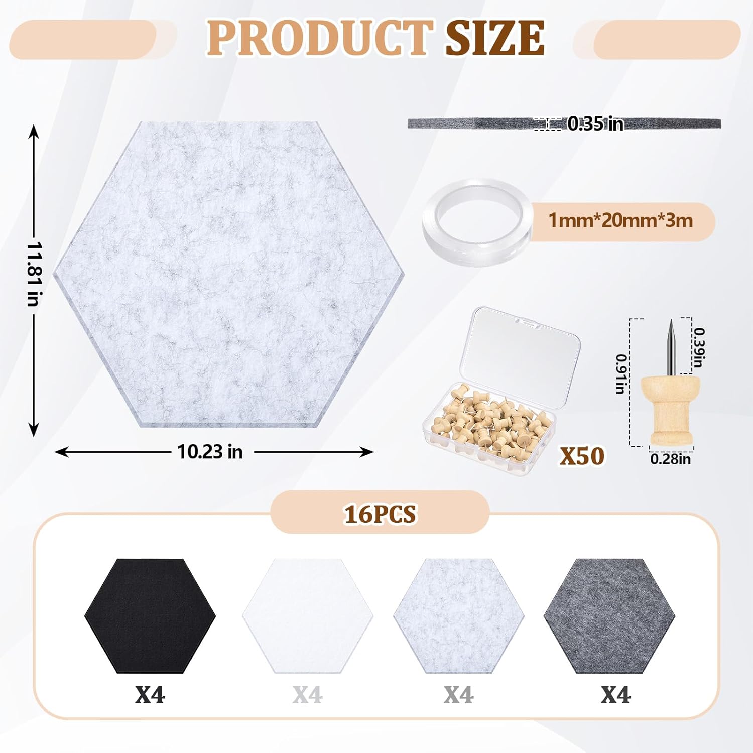 Mindsoft 16 Pcs Hexagon Cork Board for Walls with 50 Wooden Push Pins 12x10 in Felt DIY Tiles Notice with Nano Tape Hanging Bulletin Board for Home Photo Office Memo Note(Grey)