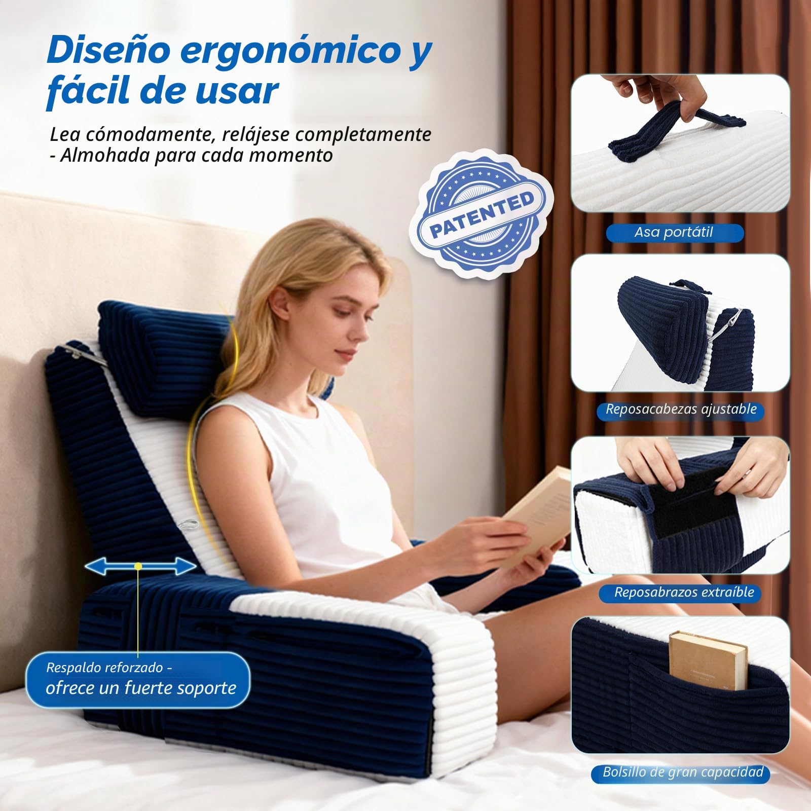 Almohada de Lectura, Cojín Lectura Cama para Sentarse, Cojín para Cama con Respaldo y Reposabrazos Ajustables, Almohada Sofá, Adecuado para Leer/Jugar/Relajarse, Azul & Blanco