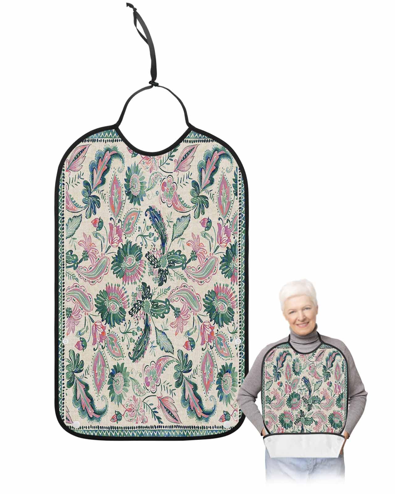 LEOKOTI Turquoise Pink Ethnic Adult Bibs for Eating, Waterproof Bibs with Food Catcher & Adjustable Snap Closure, Boho Modern Geometric Abstract Art Washable Clothing Protectors Adult Bibs for Elderly