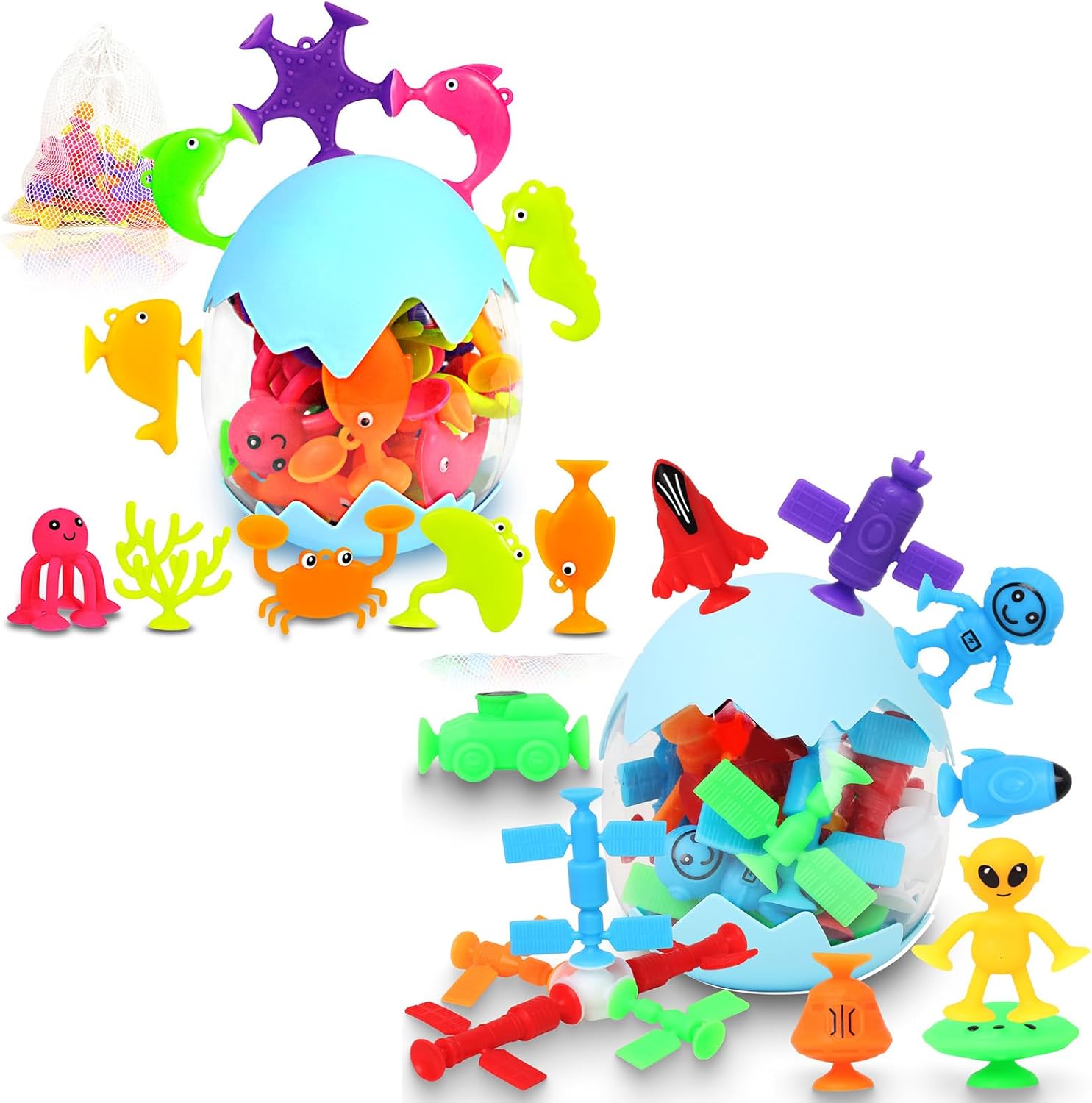 Suction Bath Toys for Kids,38 Pcs Silicone Ocean Animal and Outer Space Suction Cup Toys with Eggshell & Bag, No Hole Mold Free Bath Toy, Window Building Toys for Toddlers Boys Girls 3 4 5 6 Year Old
